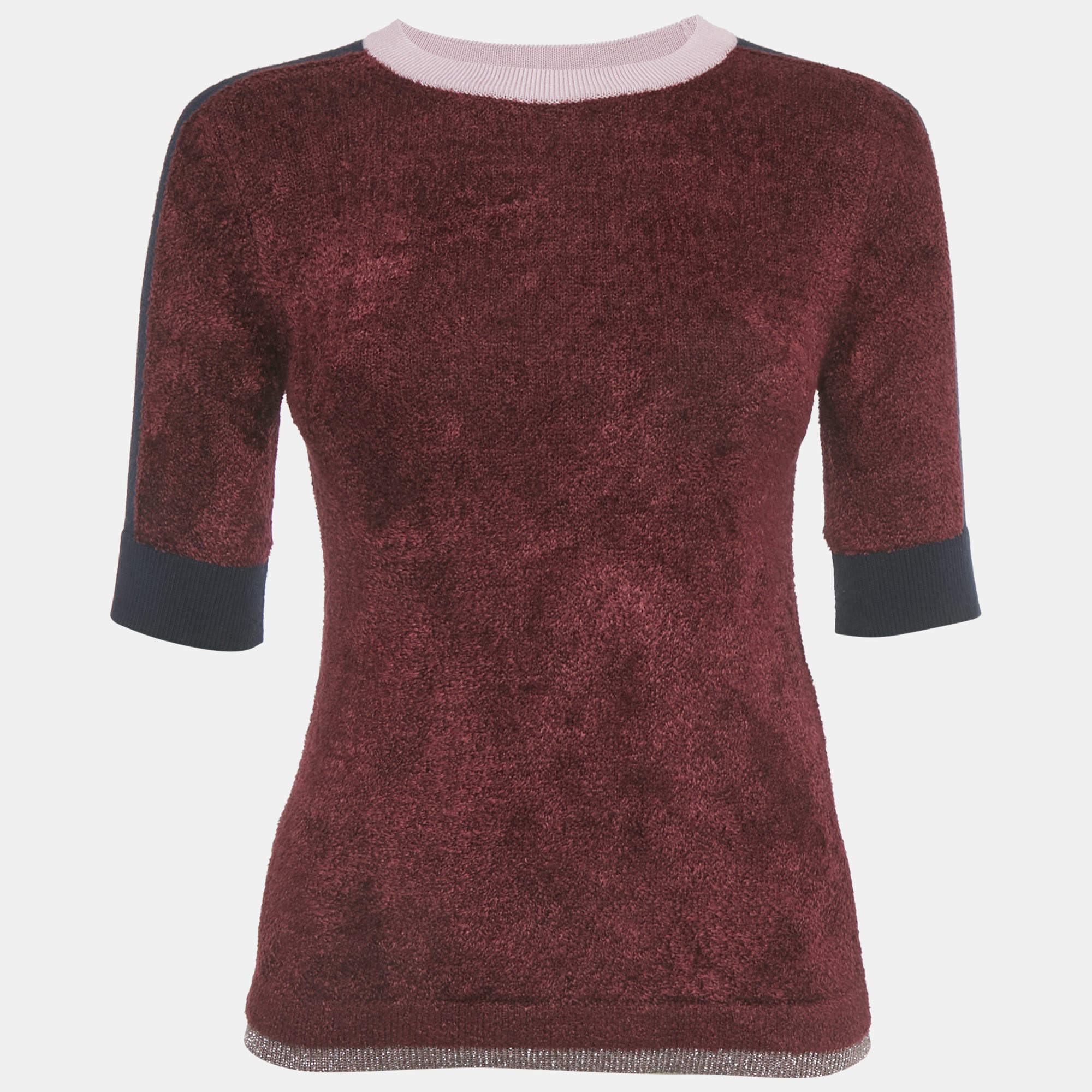 Pre Owned Weekend Max Mara Burgundy Knit Contrast Detail Sweater XS