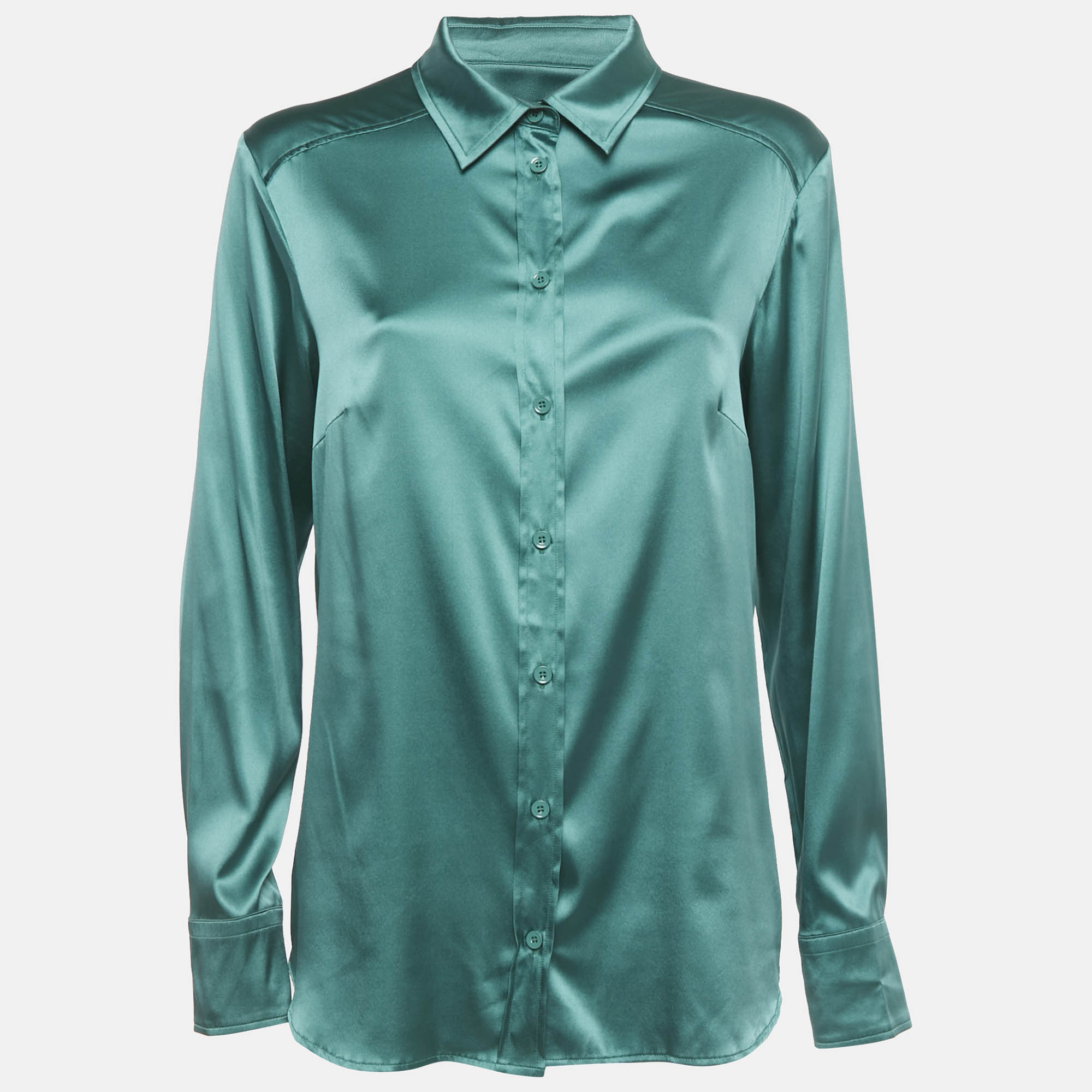 Pre Owned Weekend Max Mara Green Silk Satin Full Sleeve Button Front Shirt L
