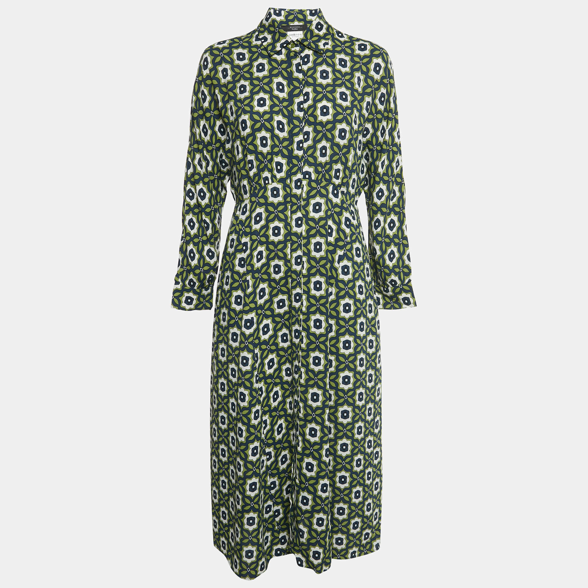Pre Owned Weekend Max Mara Green Printed Crepe Marat Midi Dress M