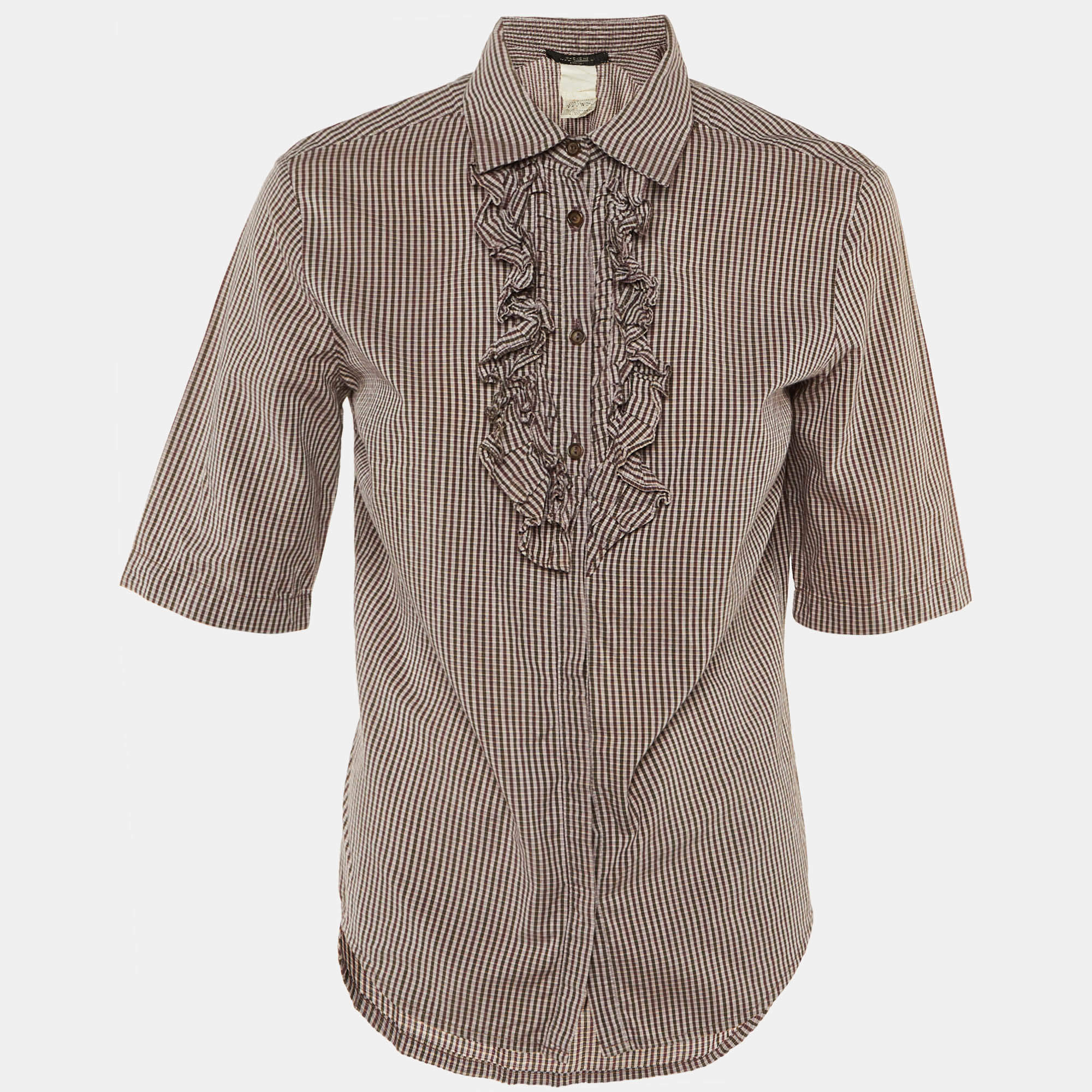 Pre Owned Weekend Max Mara Burgundy Checkered Cotton Frill Detail Shirt M