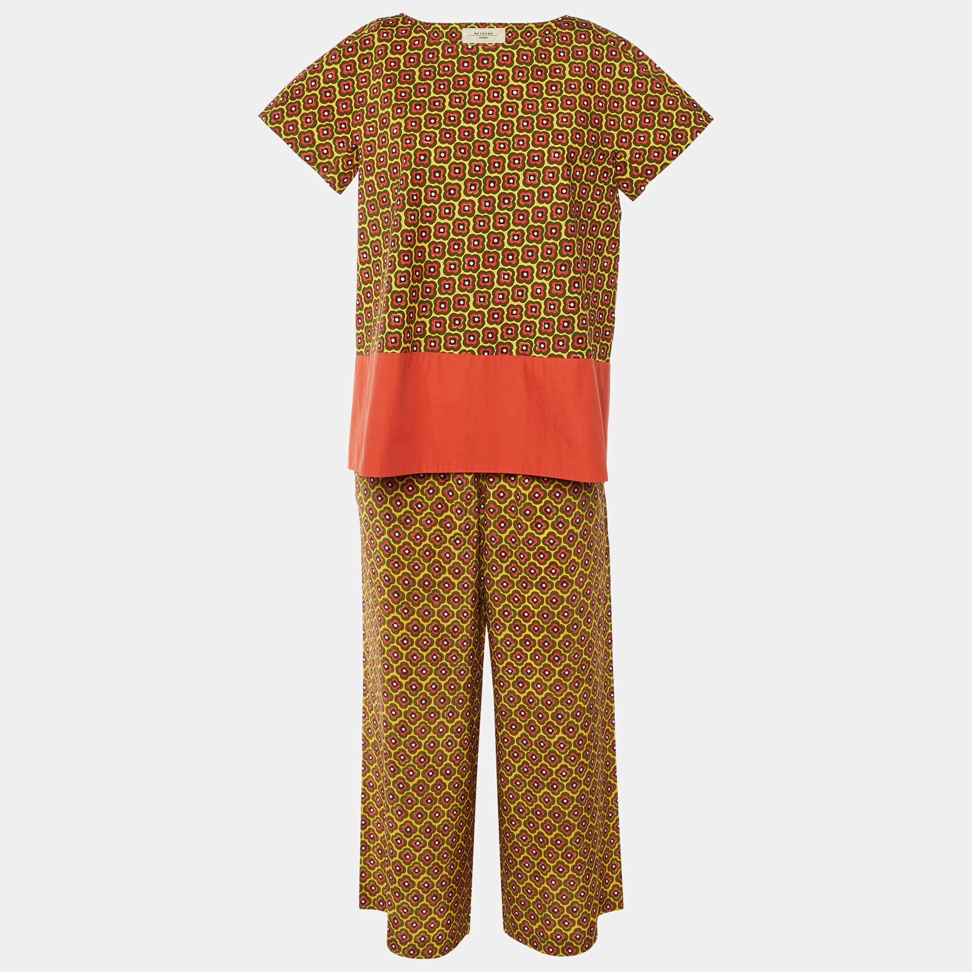 Pre Owned مجموعة تنورة وبلوزة بطبعة زهور صفراء قطن وحرير ويكند ماكس مارا متوسطة