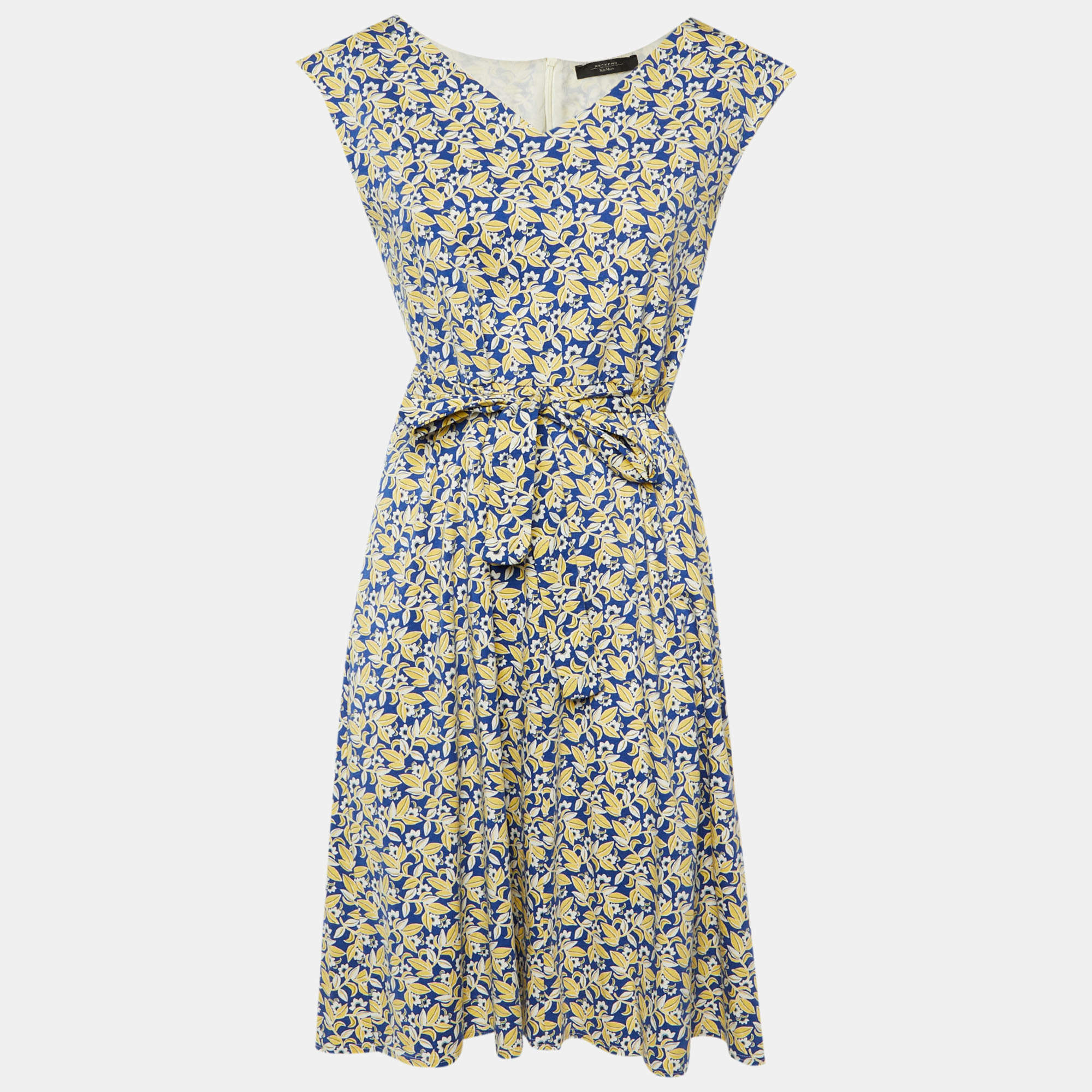 Pre Owned Weekend Max Mara Blue Floral Print Cotton Sleeveless Midi Dress M