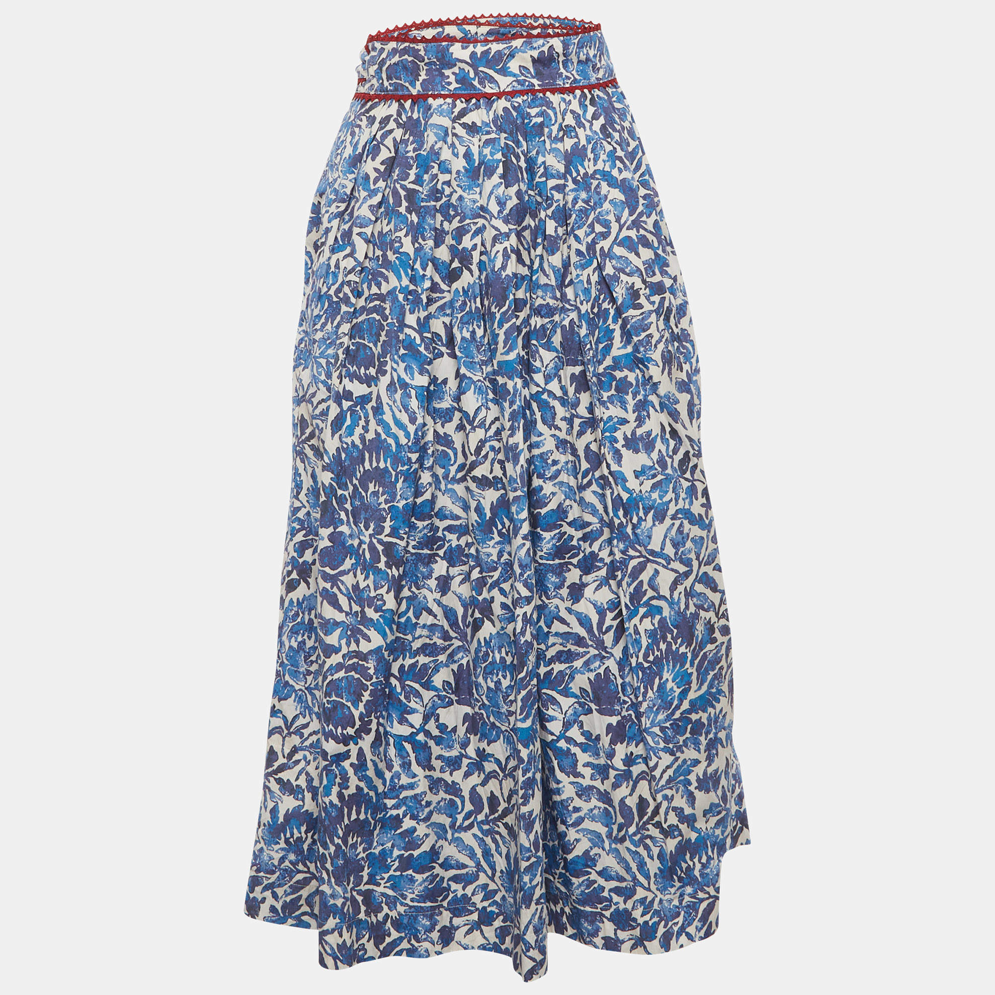 مملوكة مسبقًا Weekend Max Mara White/Blue Floral Print Cotton Ossola Midi Skirt S