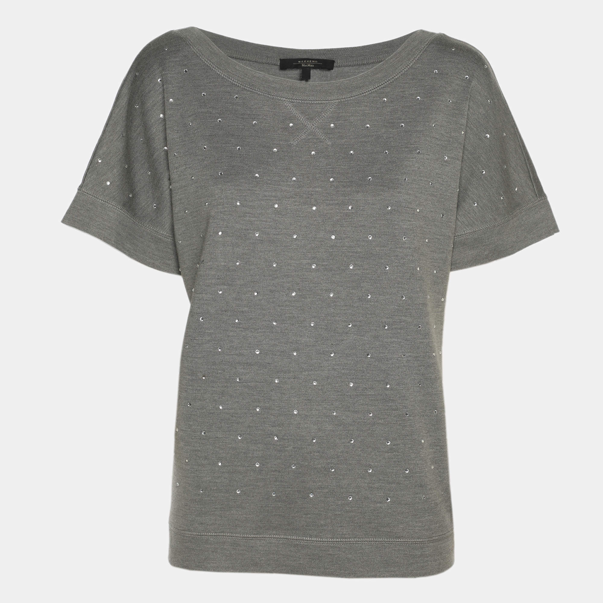 Pre Owned Weekend Max Mara Grey Silk Blend Crystal Embellished Top L