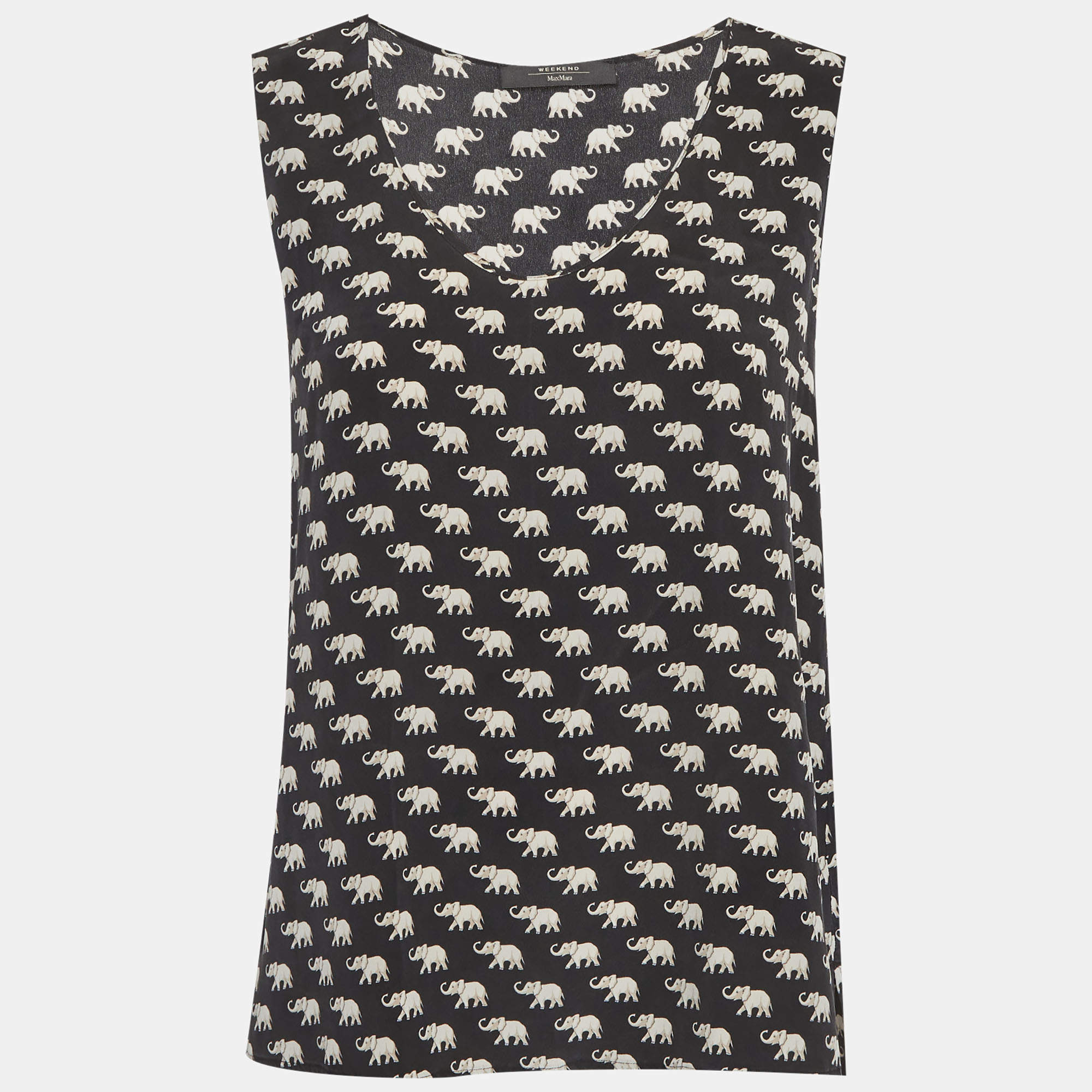 Pre Owned Weekend Max Mara Black Elephant Print Silk Sleeveless Top S