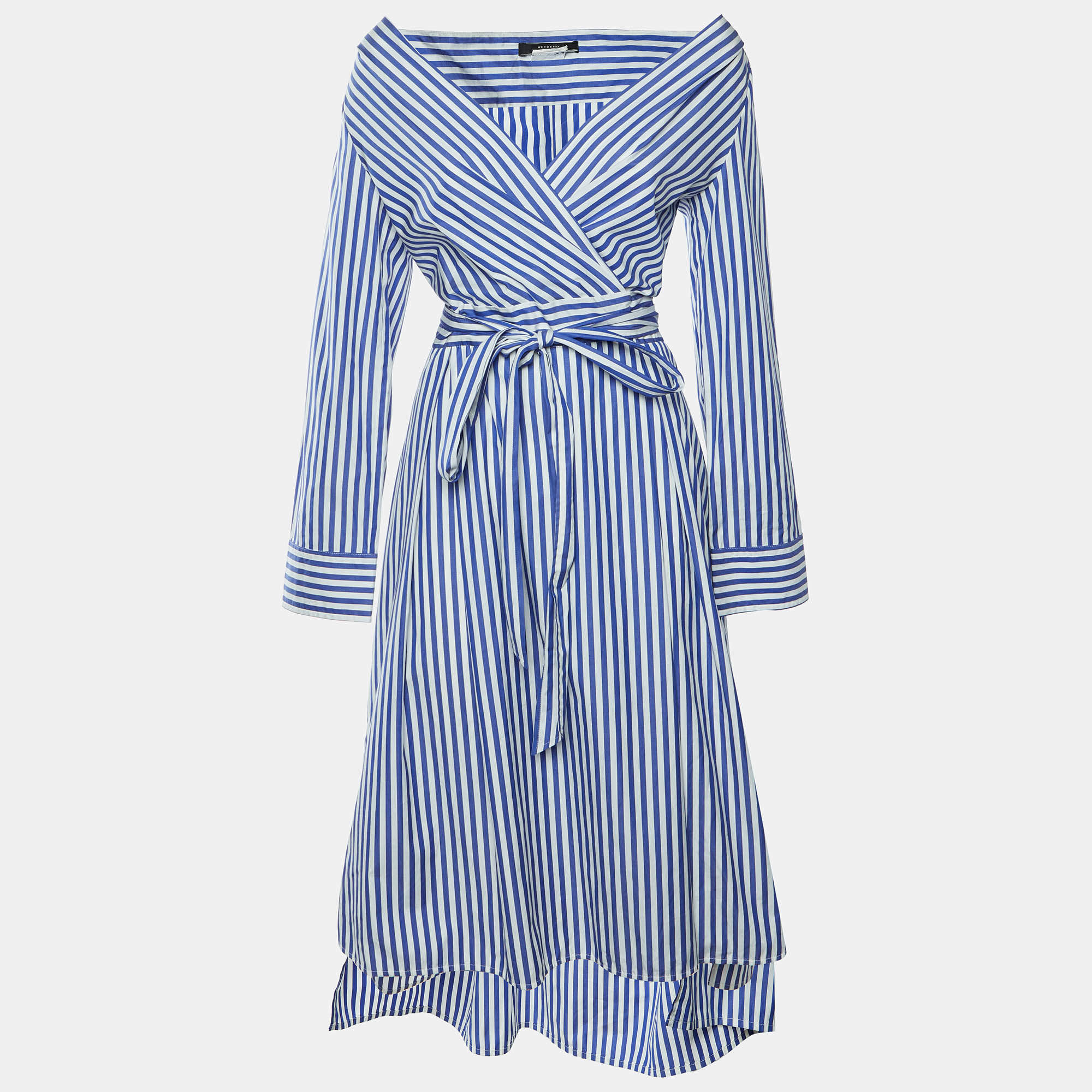 Pre Owned Weekend Max Mara Blue Striped Poplin Poplin Wrap Dress M