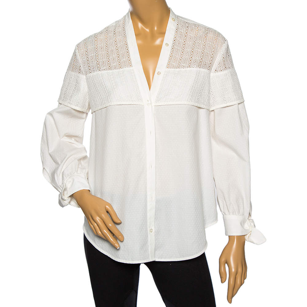 Pre Owned Weekend Max Mara White Eyelet Cotton Curved Hem Detail Shirt M