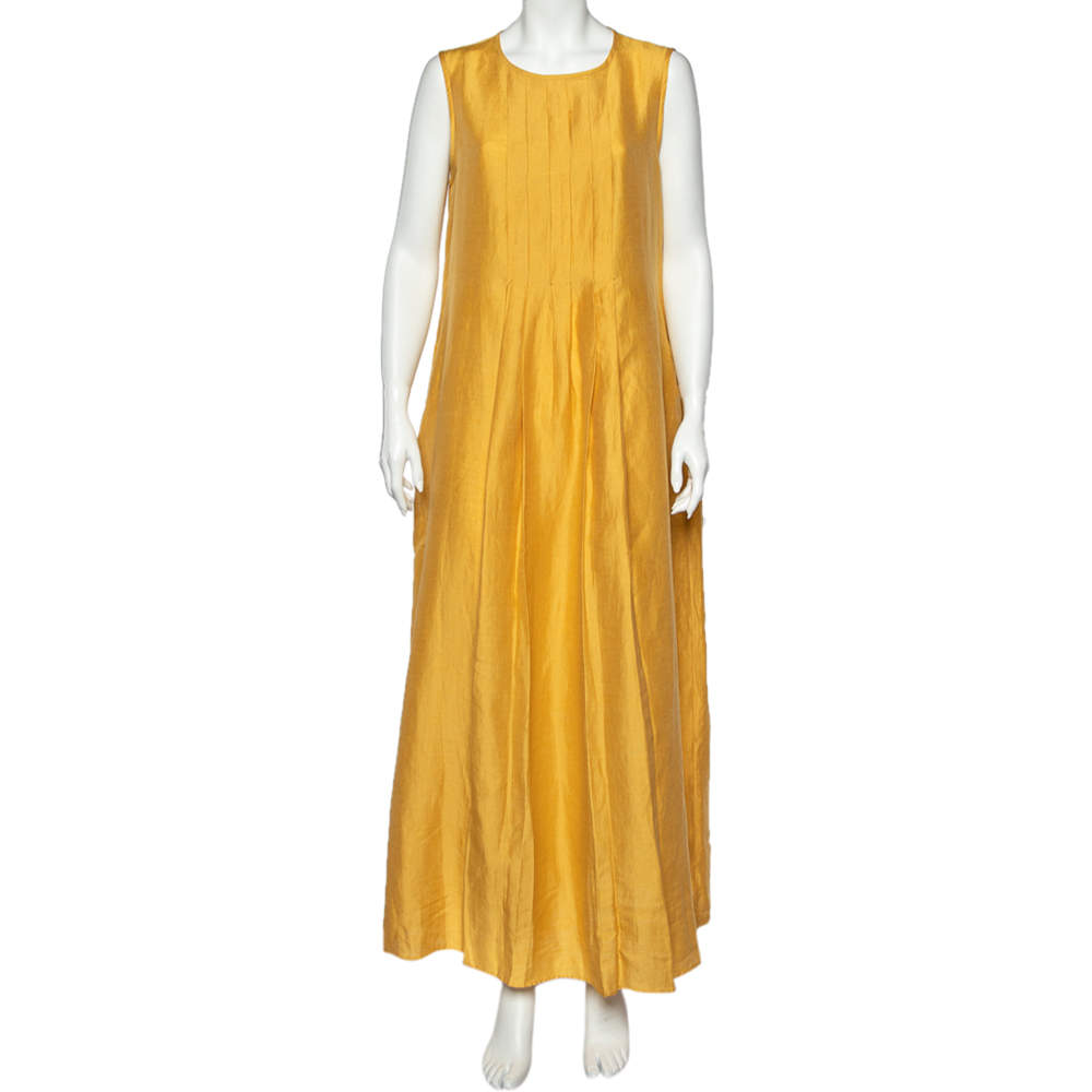 Pre Owned Weekend Max Mara Yellow Linen And Silk Pleated Long Dress XL