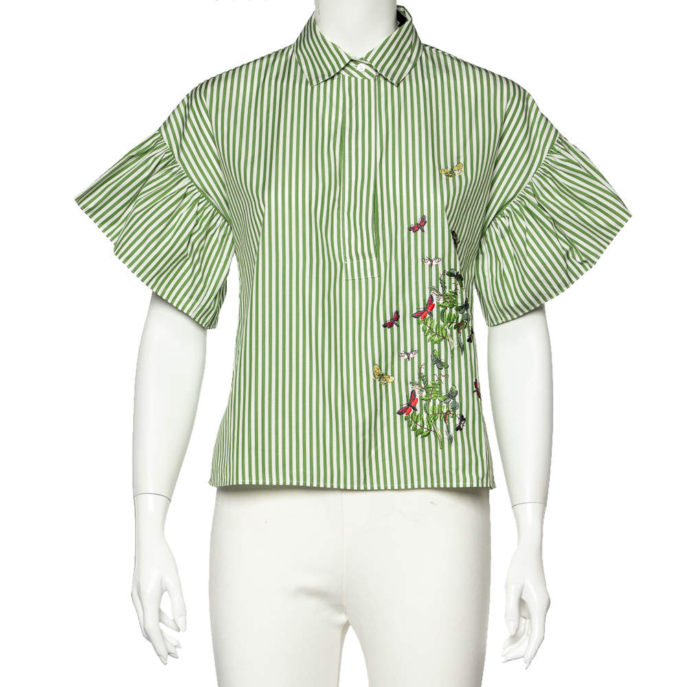 Pre Owned Weekend Max Mara Green Striped Cotton Butterfly Embroidered Top S