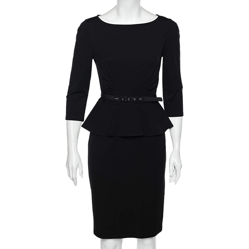 Pre Owned Weekend Max Mara Black Jersey Gathered Detail Peplum Dress M