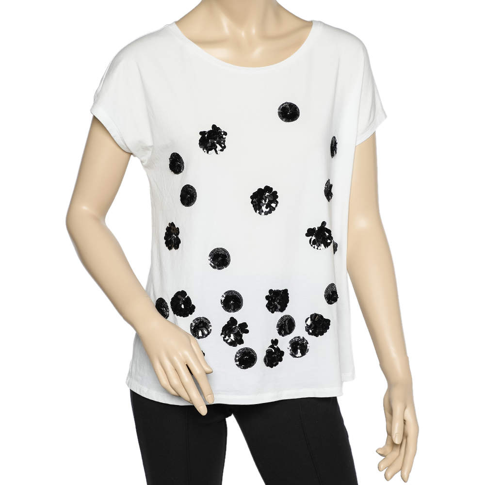 Weekend Max Mara White Cotton Knit Sequin Embellished T-Shirt M