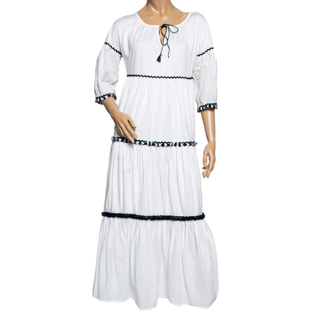 Pre Owned Weekend Max Mara White Cotton Contrast Trim Detail Tiered Maxi Dress S