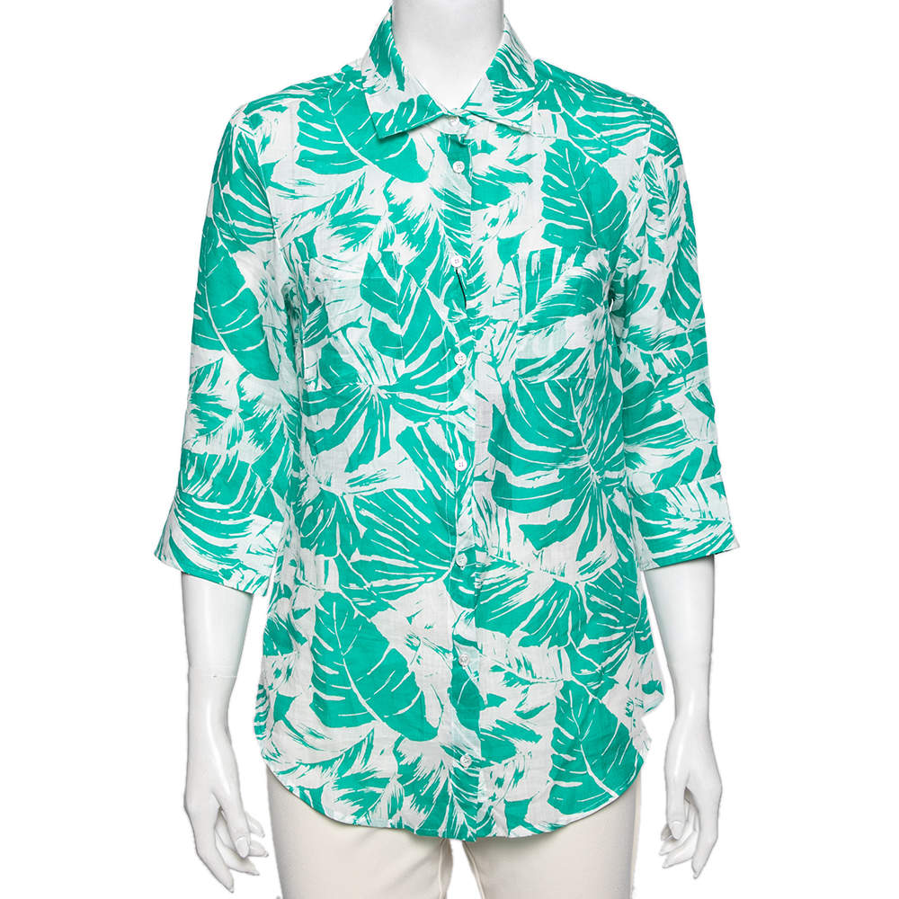 Pre Owned Weekend Max Mara White & Green Tropical Print Shirt M