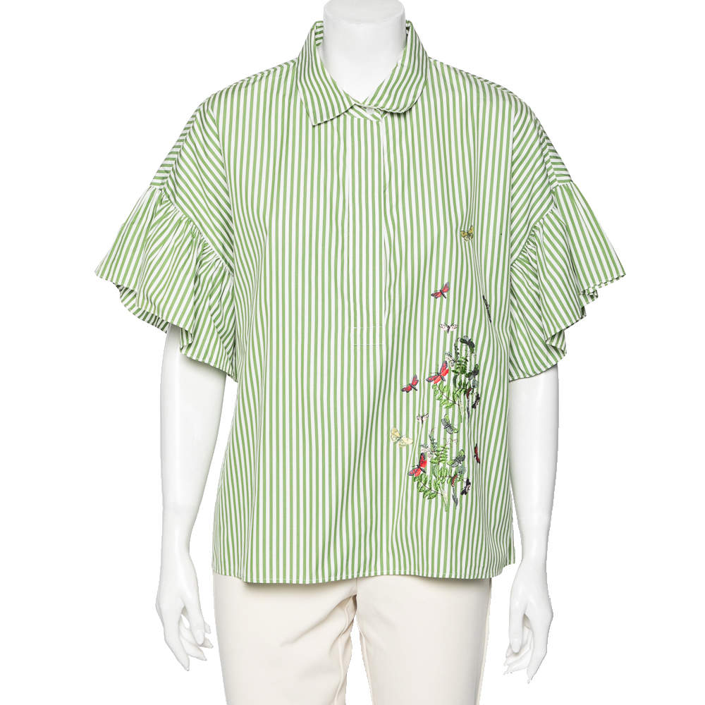 Pre Owned Weekend Max Mara White & Green Striped Cotton Embroidered Poplin Shirt XL