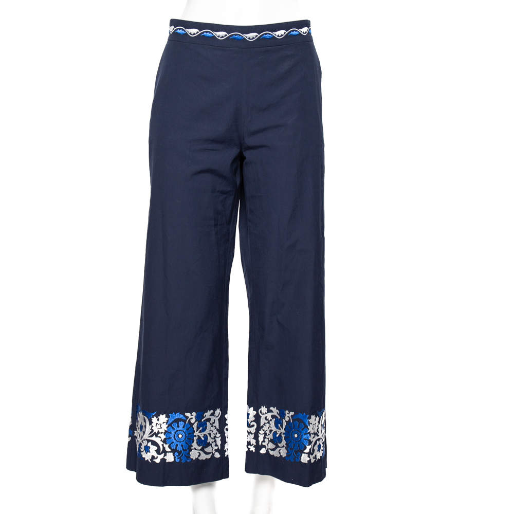 Pre Owned Weekend Max Mara Blue Floral Embroidered Cotton Wide Leg Pants L