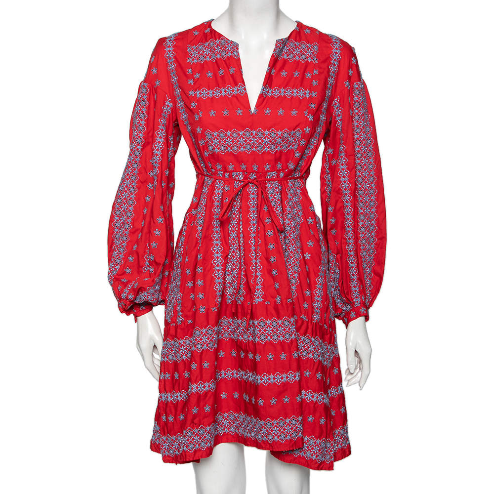 Pre Owned Weekend Max Mara Red Cotton Floral Embroidered Side Slits Detailed Dress M