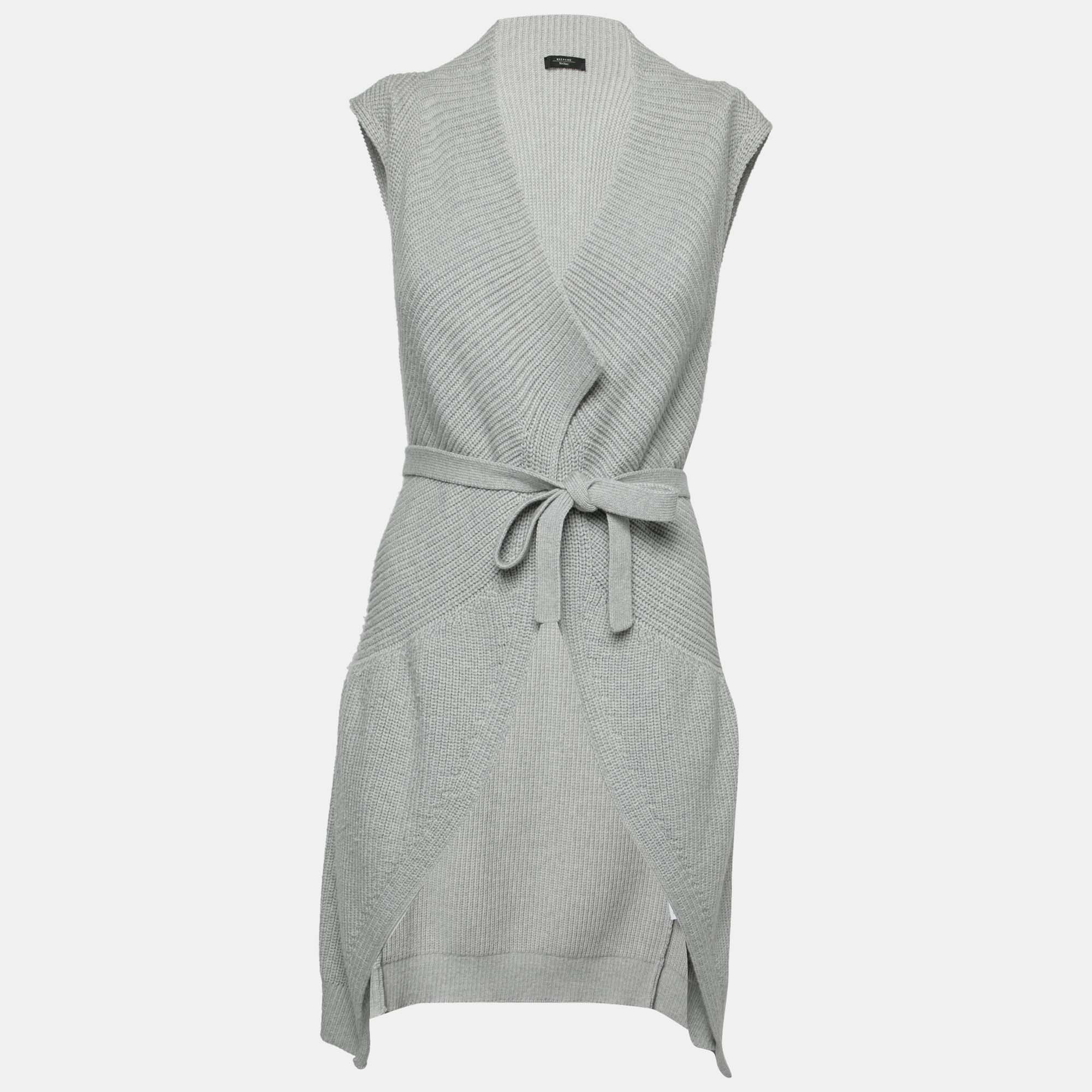 Weekend Max Mara Grey Wool Belted Sleeveless Cardigan M