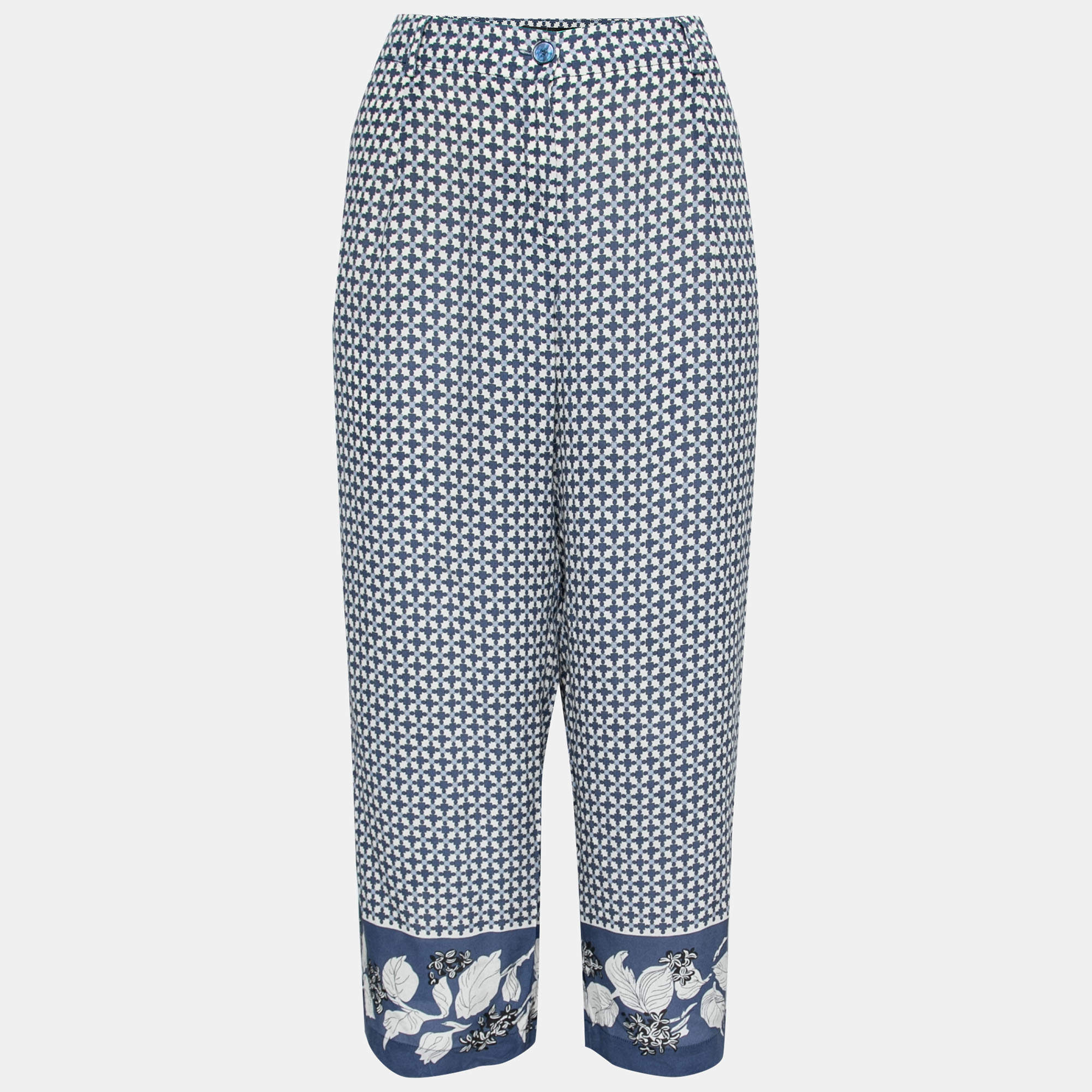 Weekend Max Mara Indigo & White Printed Silk Palazzo Trousers M