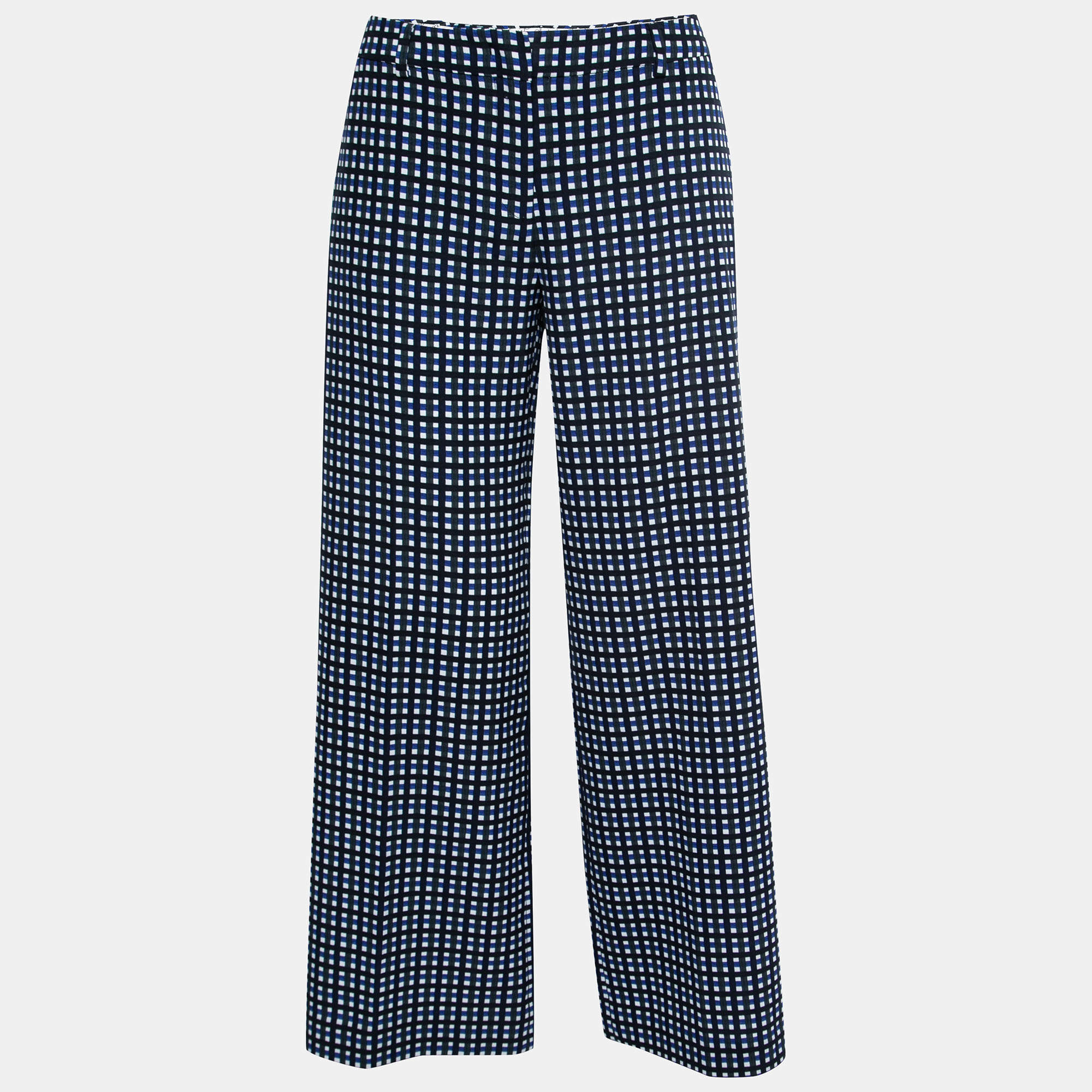 Pre Owned Weekend Max Mara Black & Blue Checked Print Crepe Wide-Leg Trousers M
