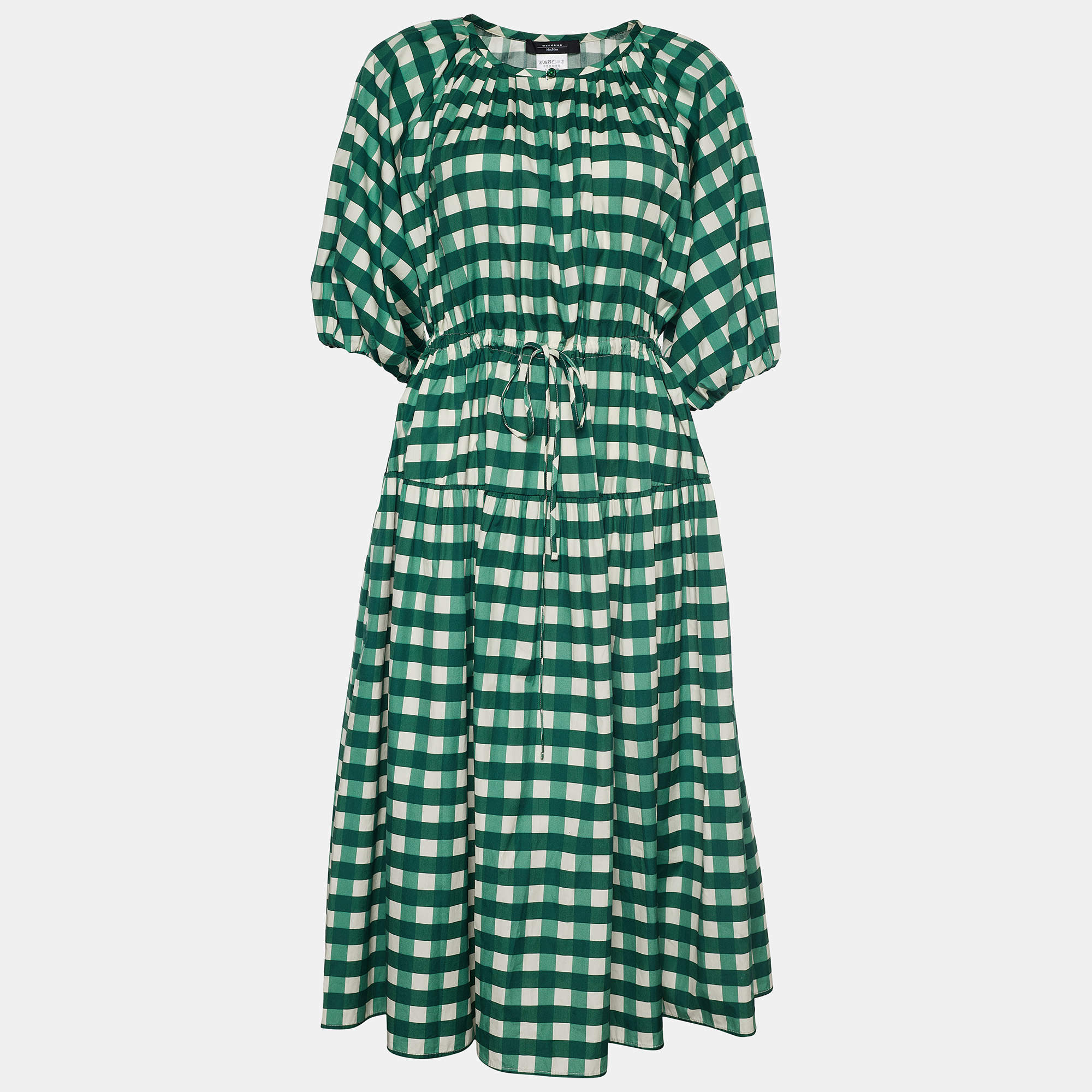 Pre Owned Weekend Max Mara Green Gingham Check Cotton Midi Dress S