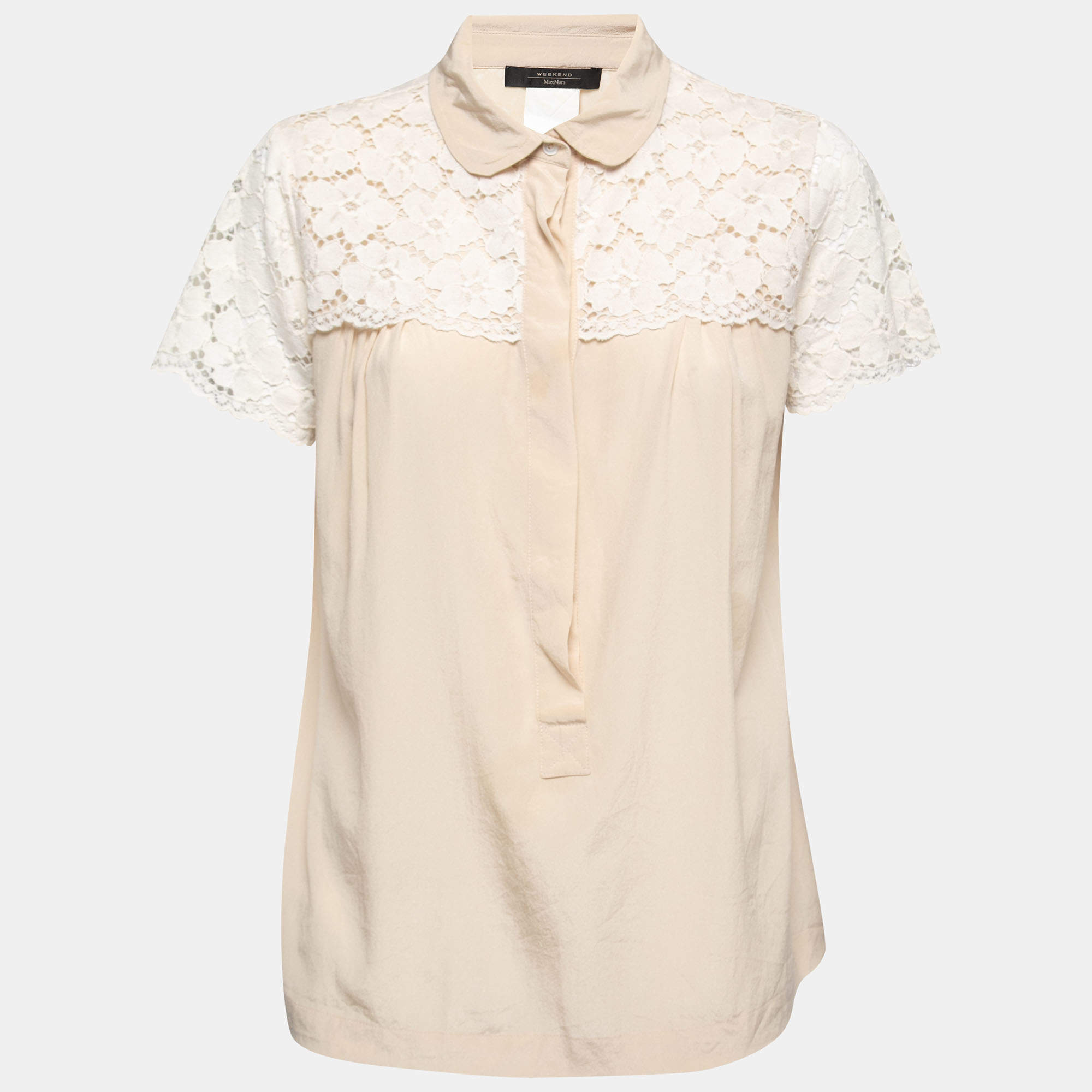 Pre Owned Weekend Max Mara Beige Silk & Cotton Overlay Collared Top L