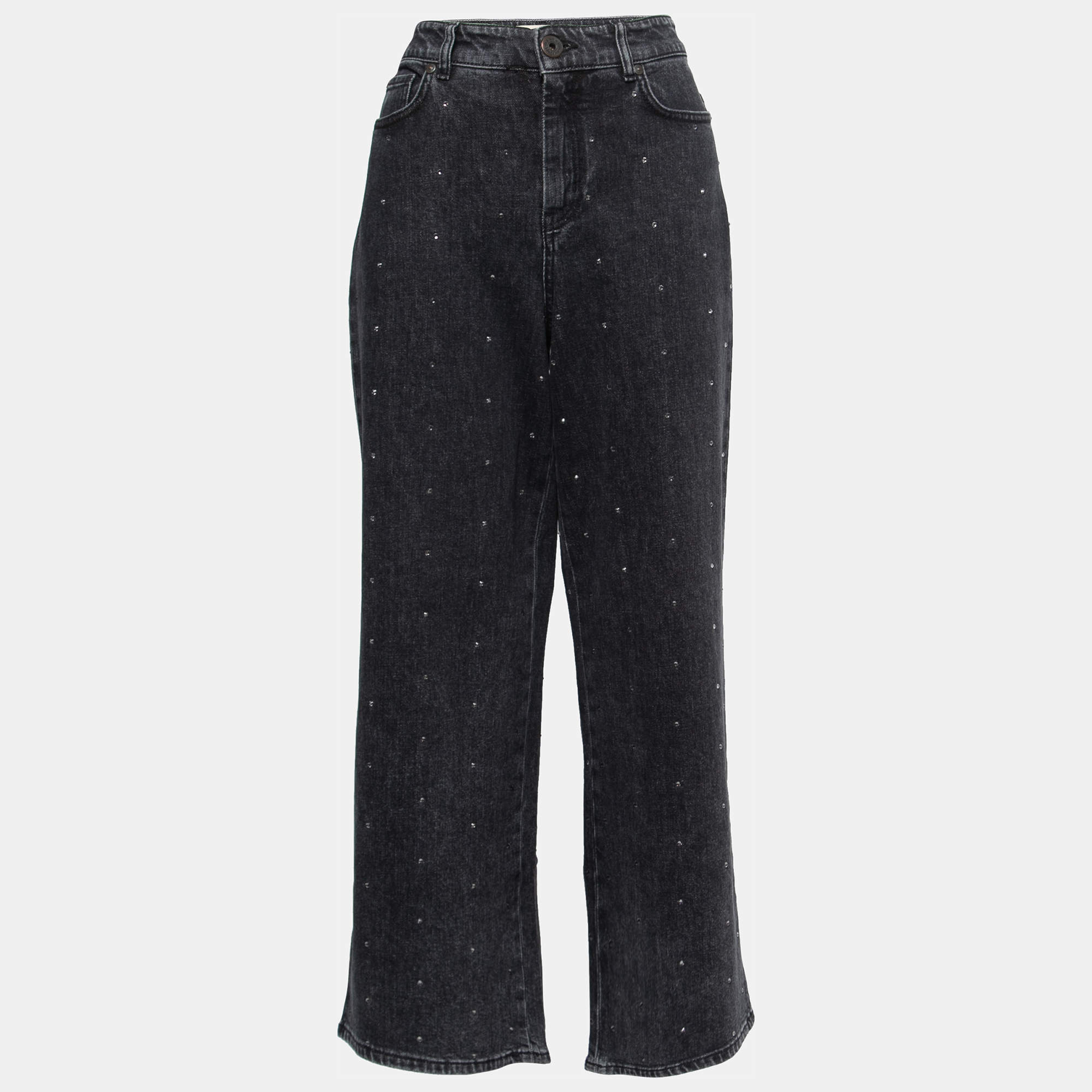 Pre Owned Weekend Max Mara Black Distressed Denim Crystal Embellished Jeans M Waist 29"