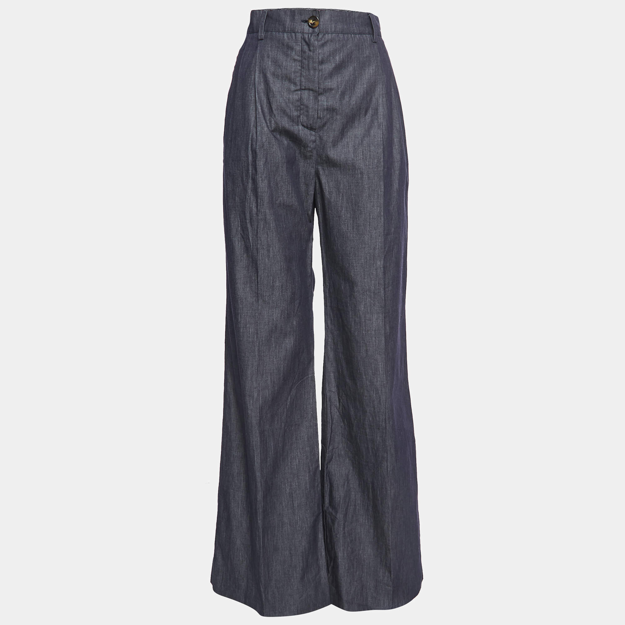 Pre Owned Weekend Max Mara Dark Blue Cotton High Waist Pleated Wide Leg Trousers L Waist 31"