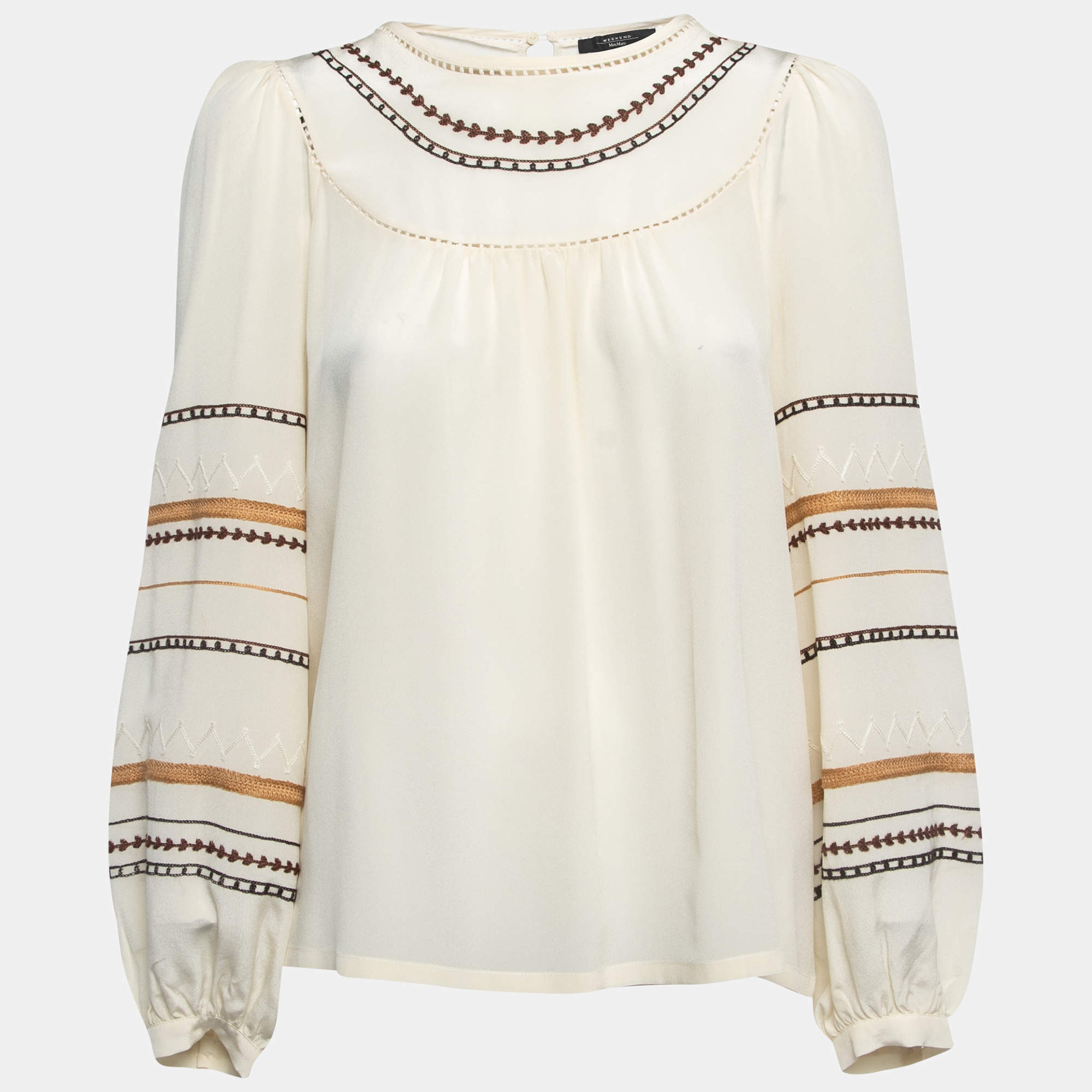 Pre Owned Weekend Max Mara Cream Silk Embroidered Long Sleeve Blouse M