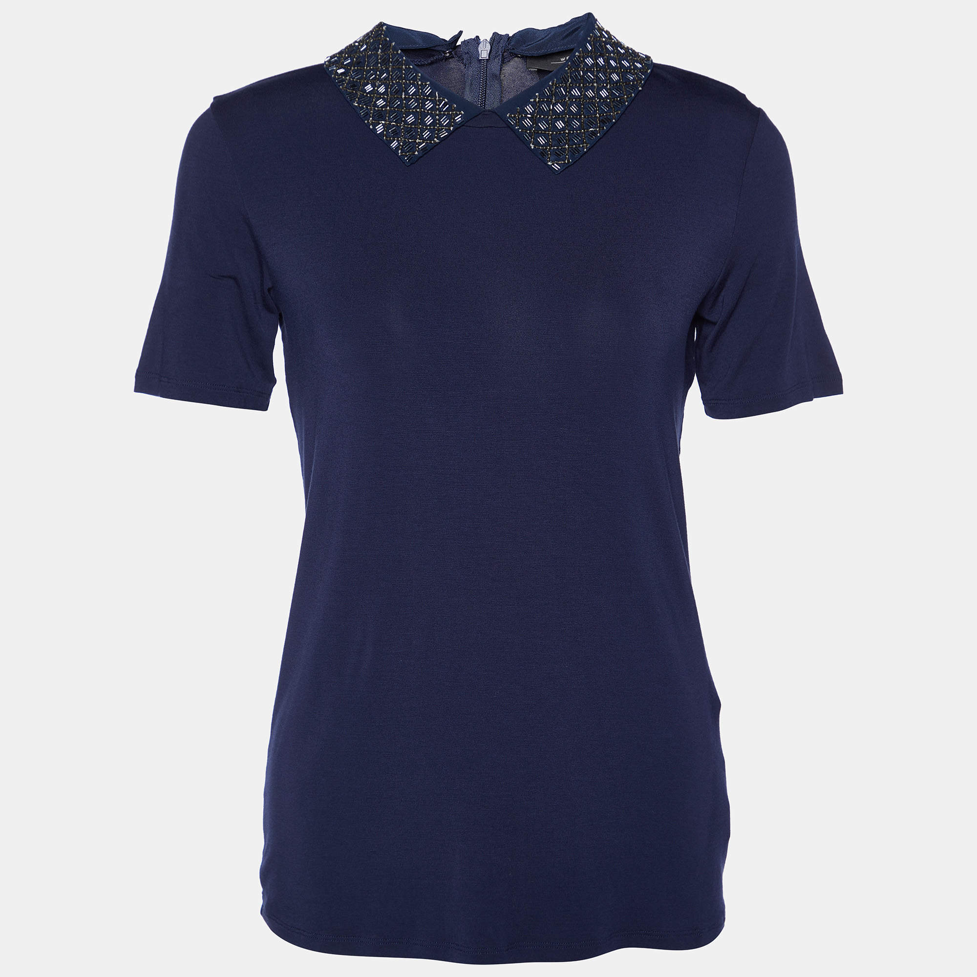 Pre Owned Weekend Max Mara Navy Blue Knit Embellished Neck T-Shirt S