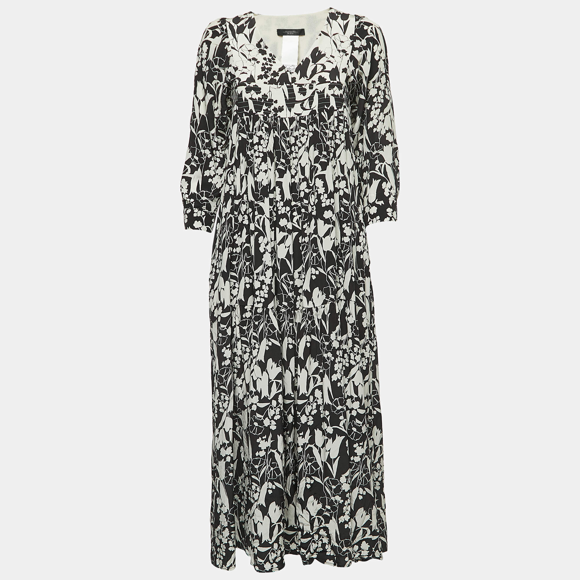 Pre Owned Weekend Max Mara Black Floral Print Silk V-Neck Midi Dress S