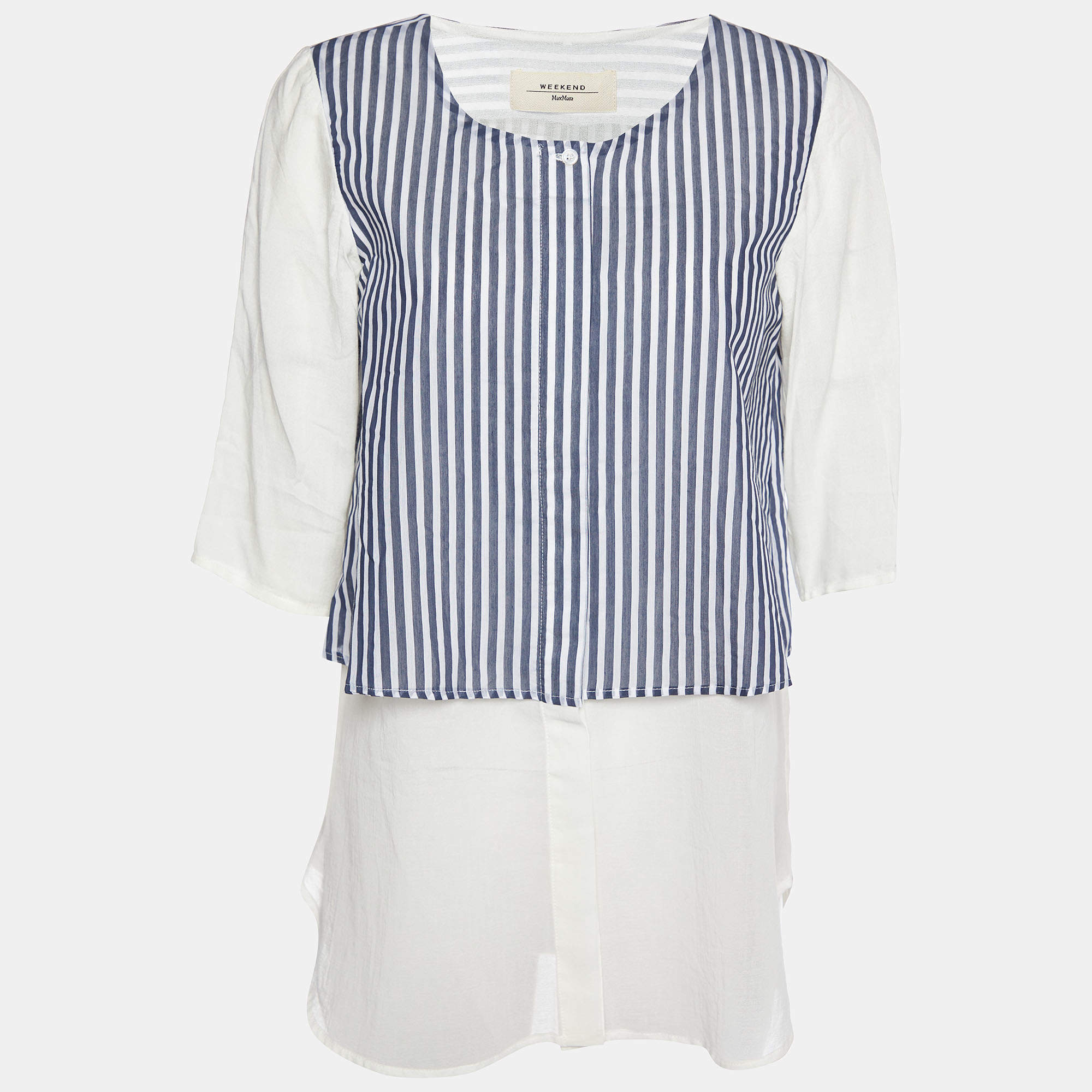 Pre Owned Weekend Max Mara White Cotton & Striped Overlay Detail Shirt S