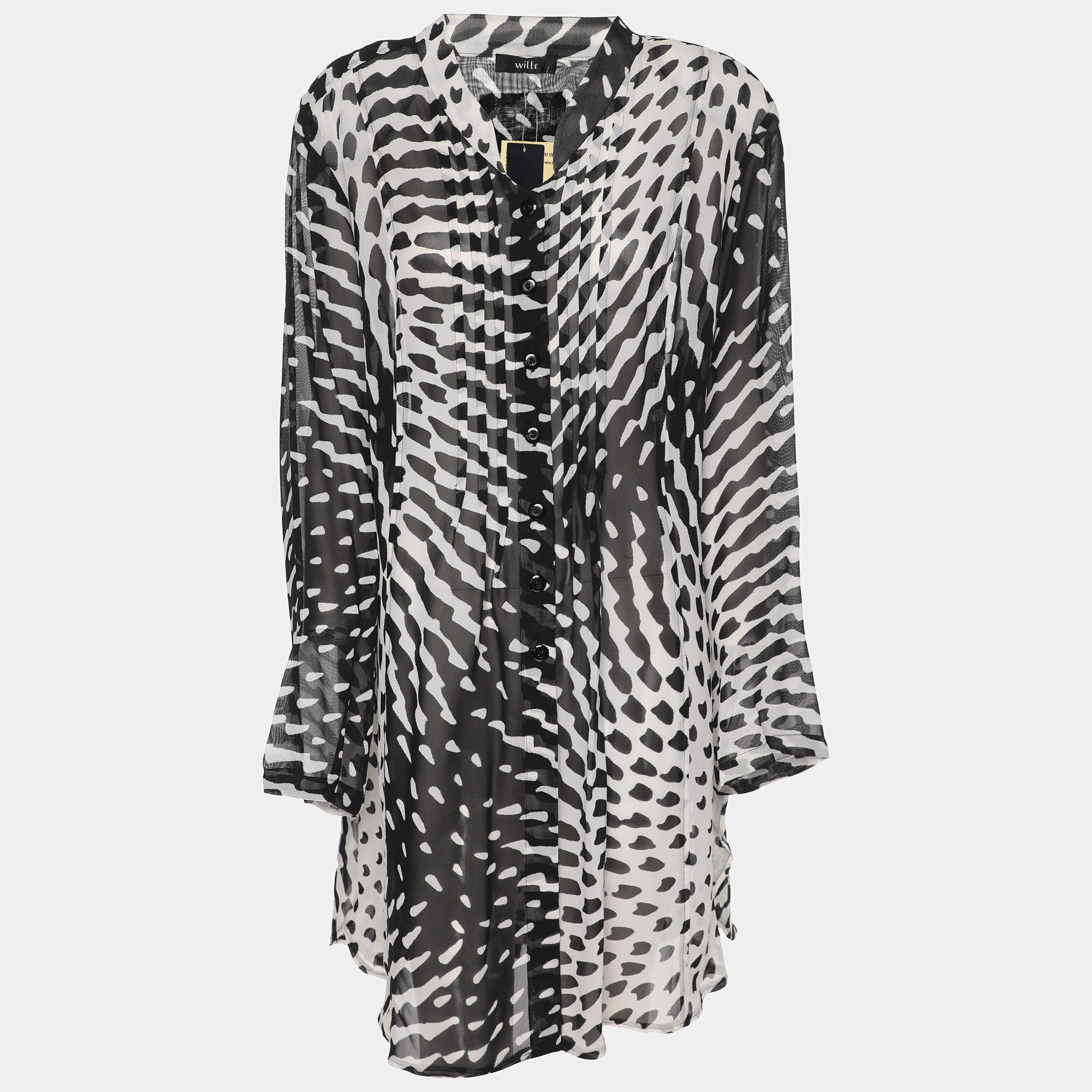Pre Owned Wille Black/White Printed Chiffon Oversized Long Sleeve Shirt XL