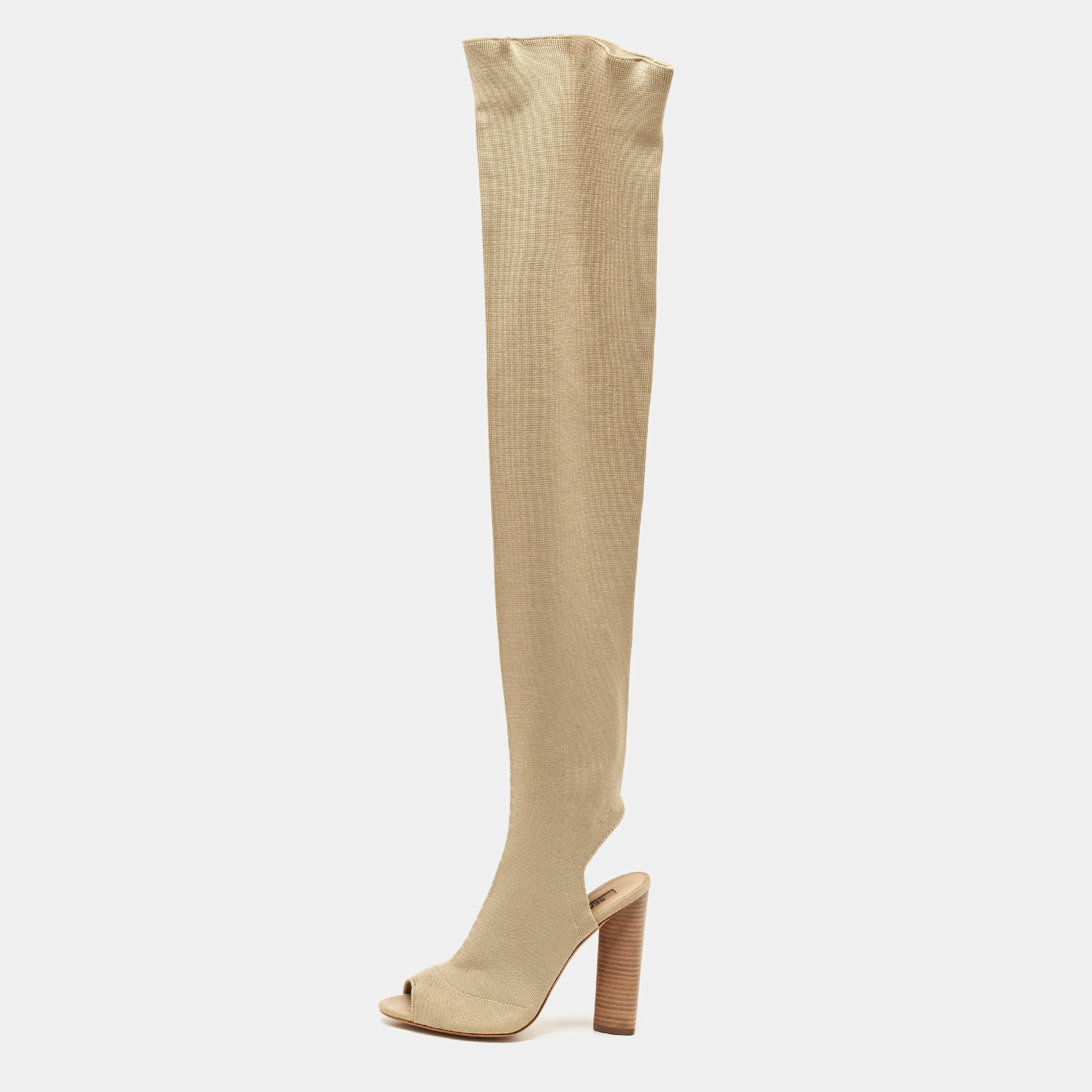 Yeezy Season 5 Beige Knit Fabric  Over The Knee Length Boots Size 37.5