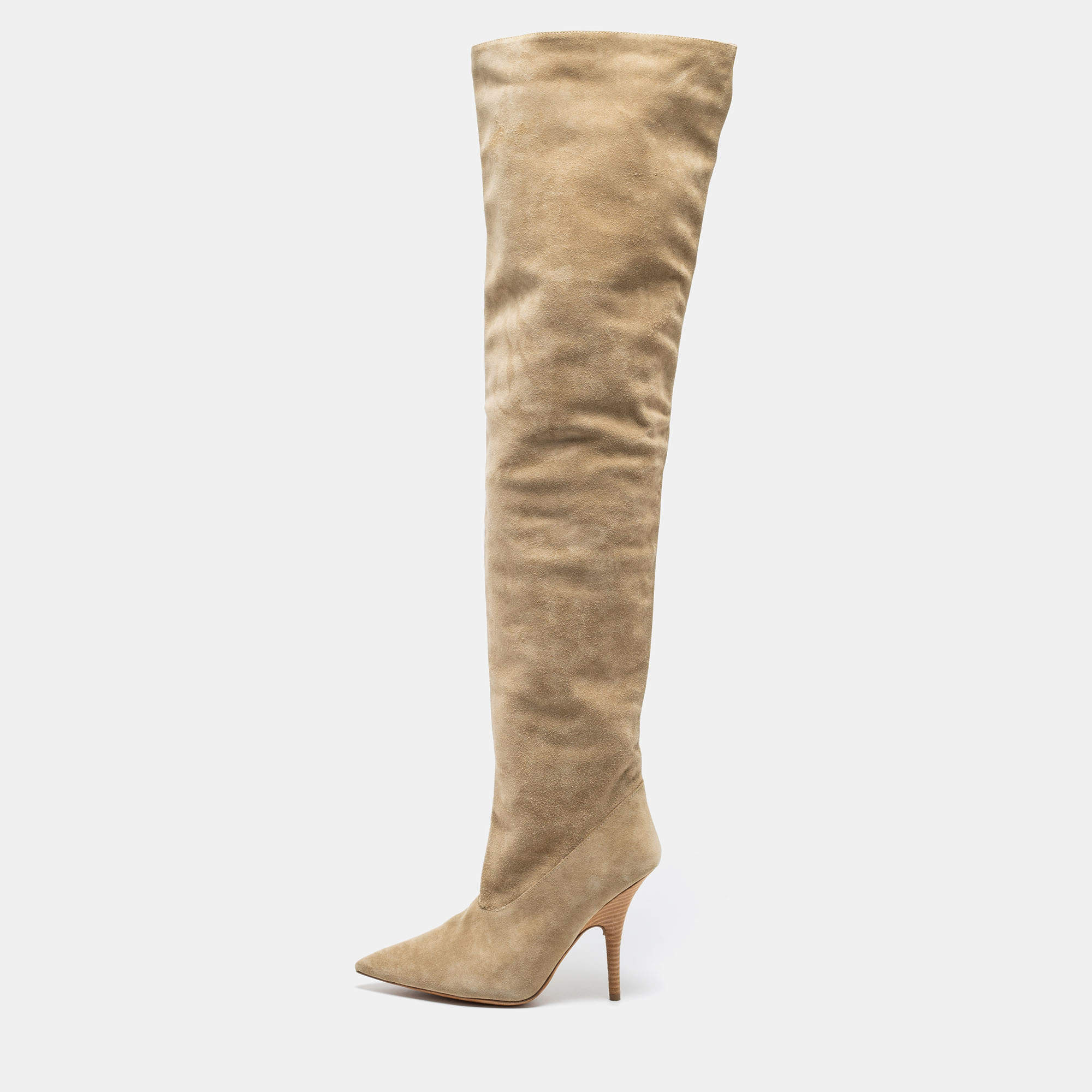 Yeezy Season 5 Beige Suede Over The Knee Length Pointed Toe Boots Size 39