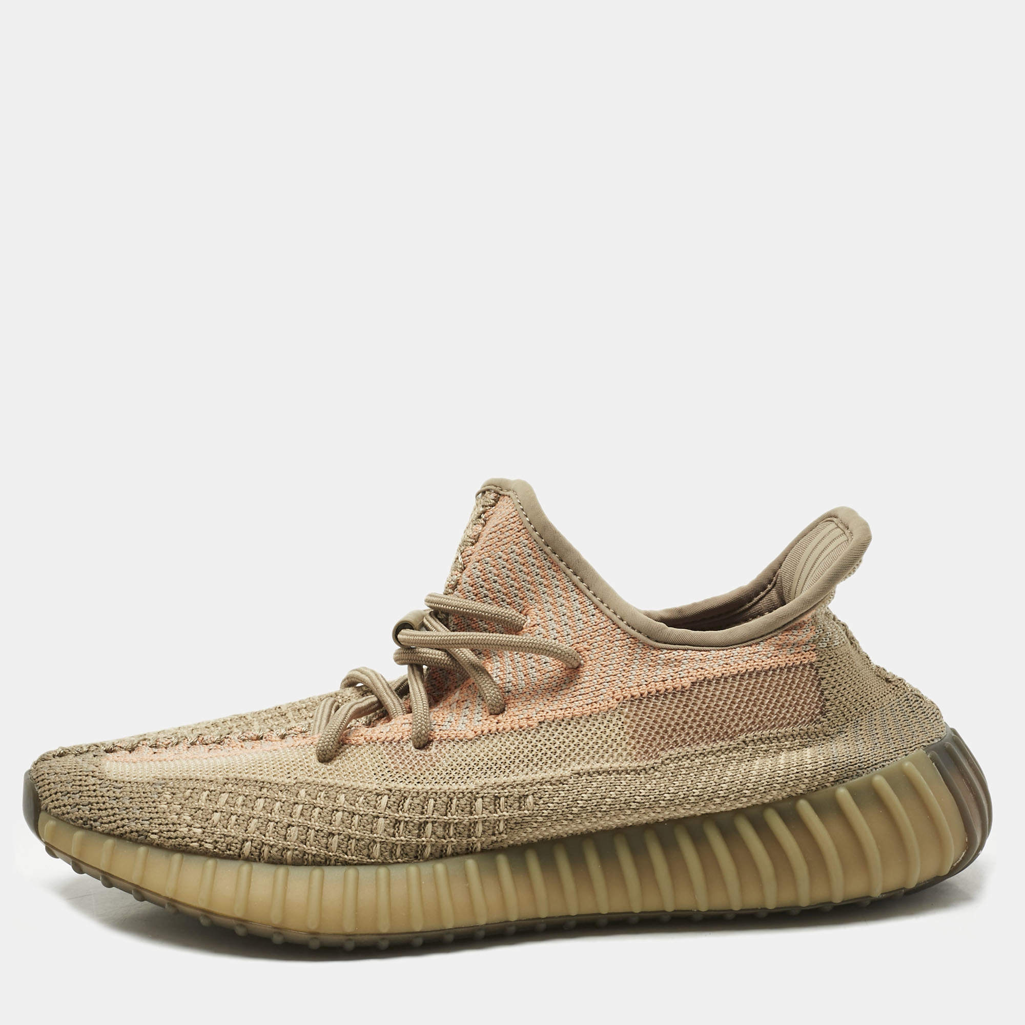 Pre Owned Yeezy x Adidas Brown Knit Fabric Boost 350 V2 Sand Taupe Sneakers Size 41 1/3