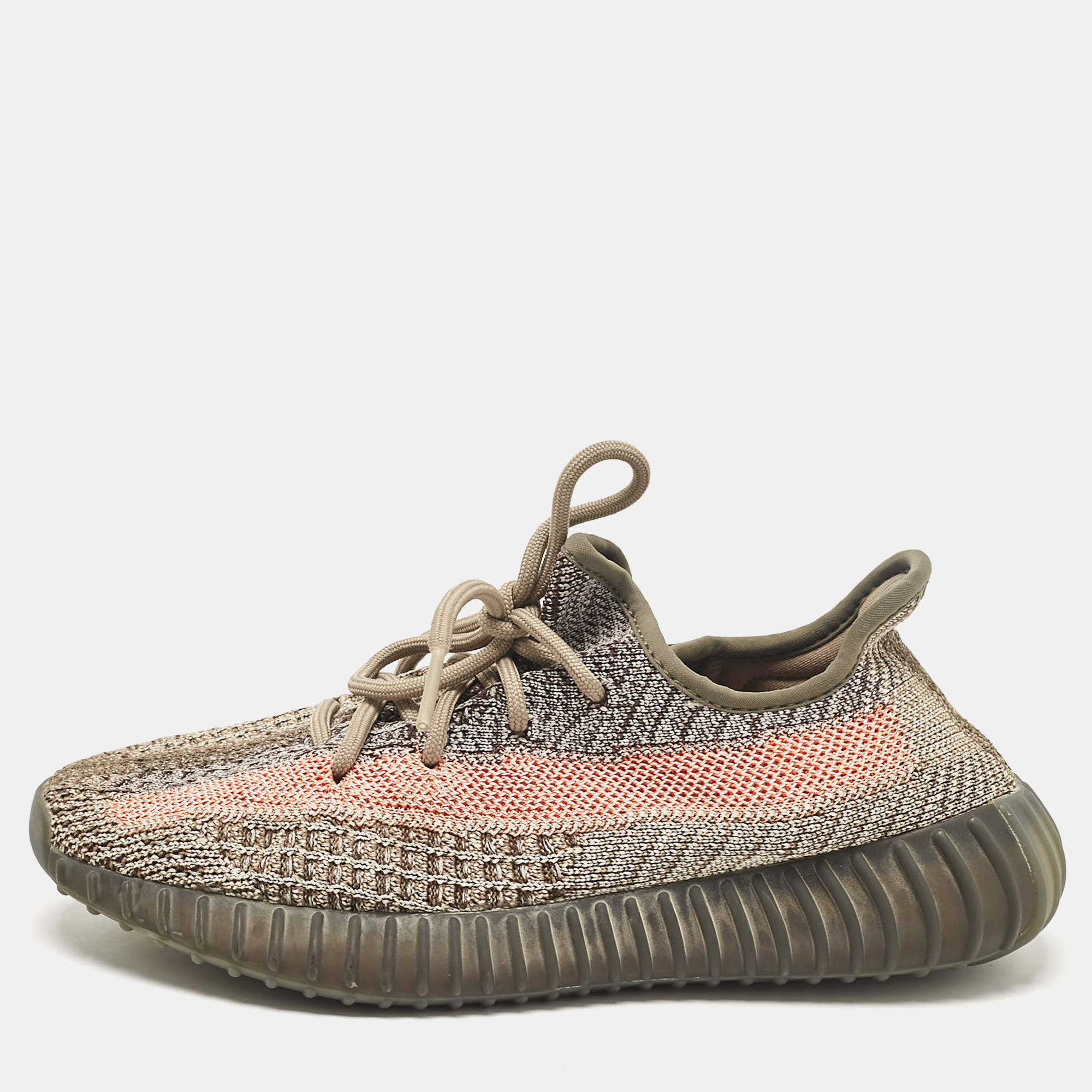 Pre Owned Yeezy x Adidas Brown/Beige Knit Fabric Boost 350 V2 Ash Stone Sneakers Size 38 2/3