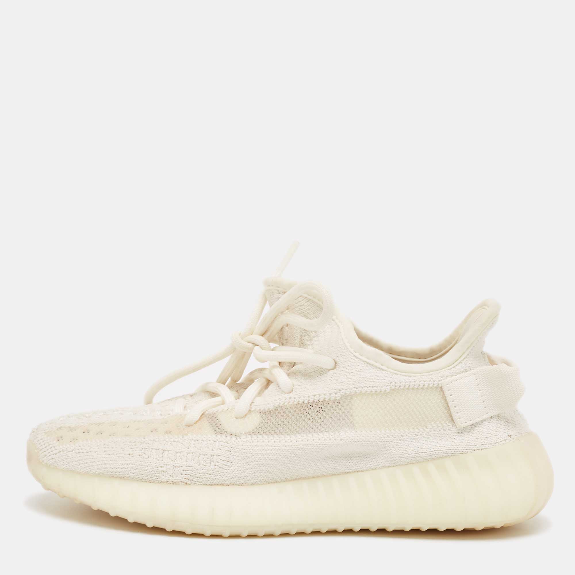 Pre Owned Yeezy x Adidas White Knit Fabric Boost 350 V2 Bone Sneakers Size 36 2/3