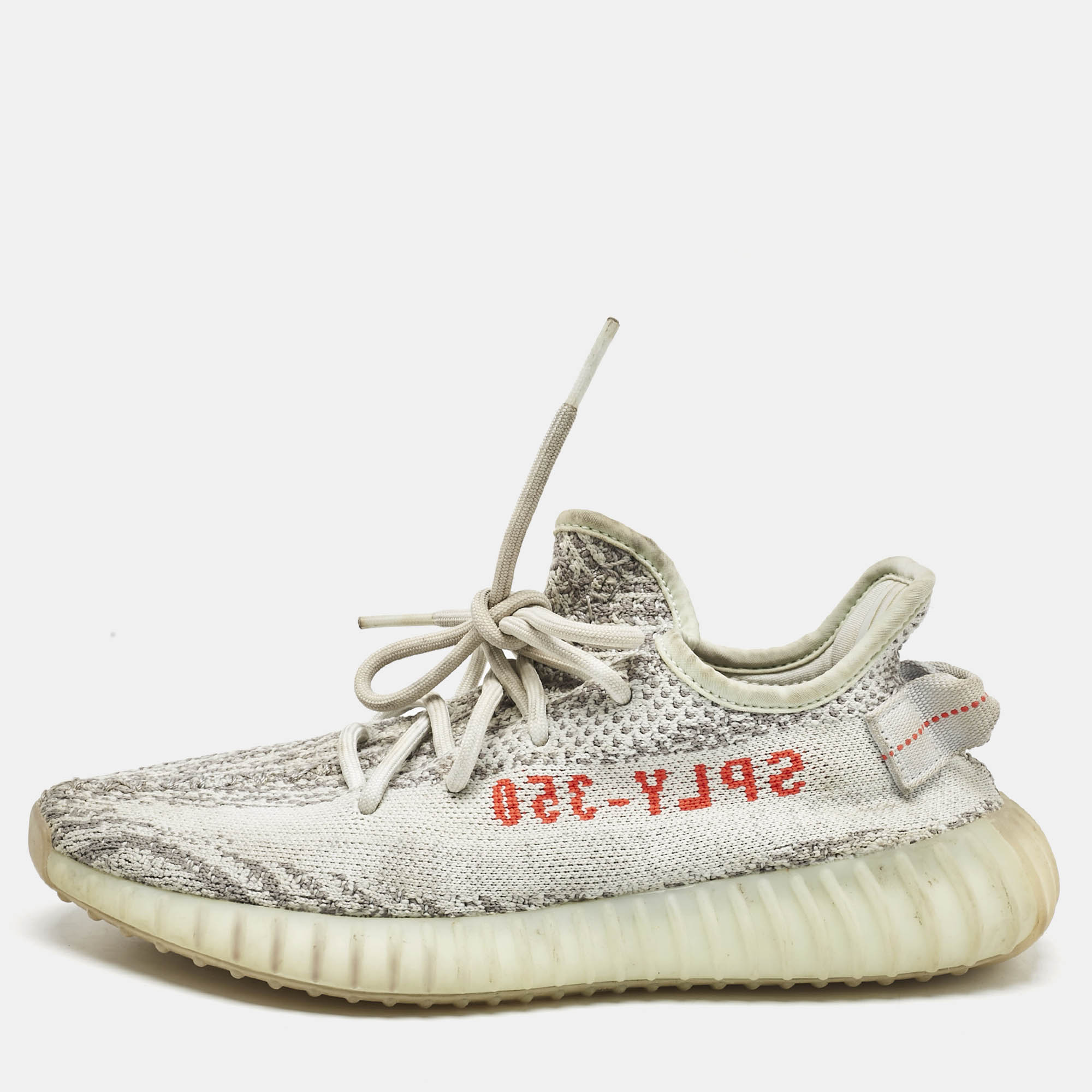 Pre Owned Yeezy x Adidas Blue/White Knit Fabric Boost 350 V2 Cloud White Non-Reflective Sneakers 39 1/3