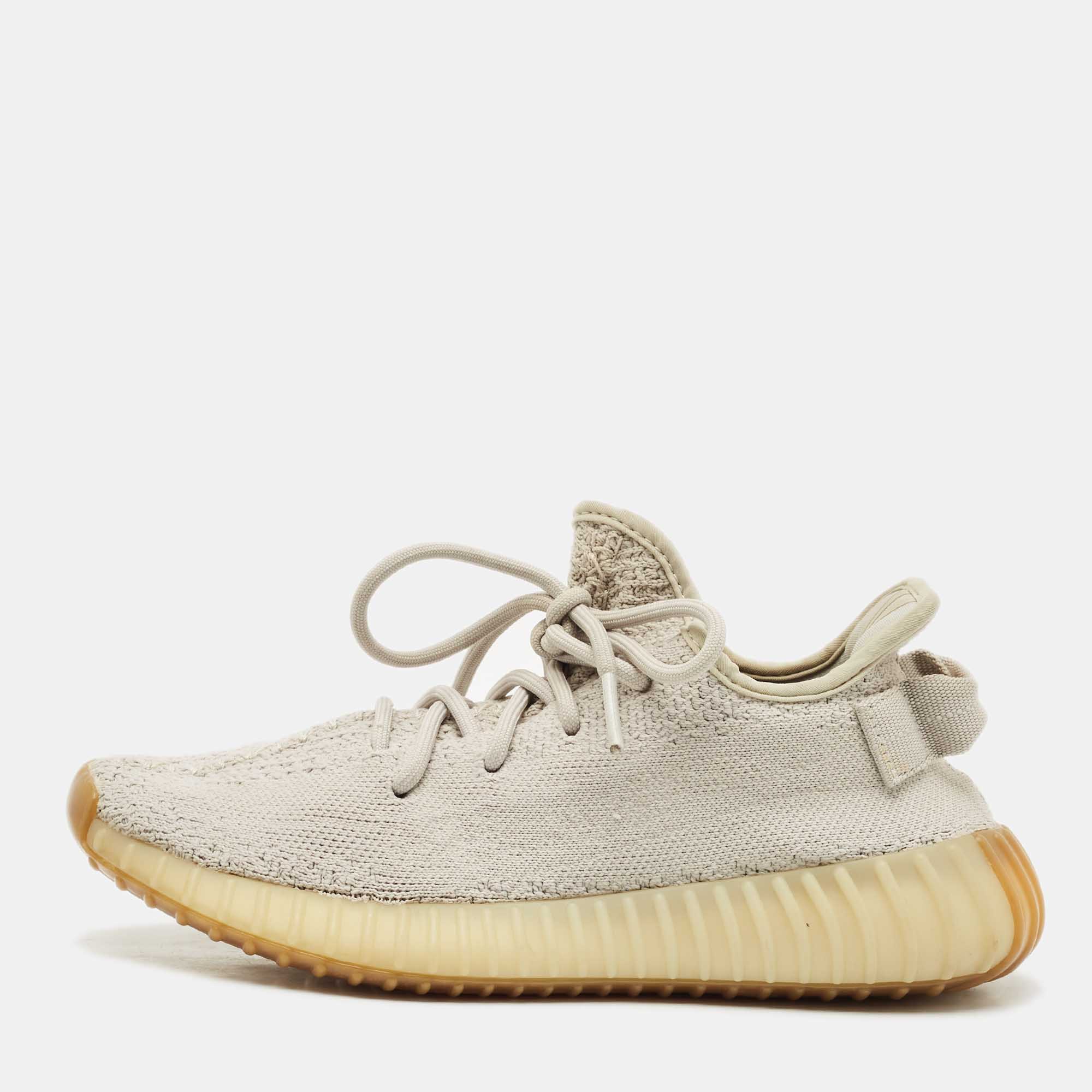 Pre Owned Yeezy x adidas Grey Knit Fabric Boost 350 V2 Sesame Sneakers Size 38