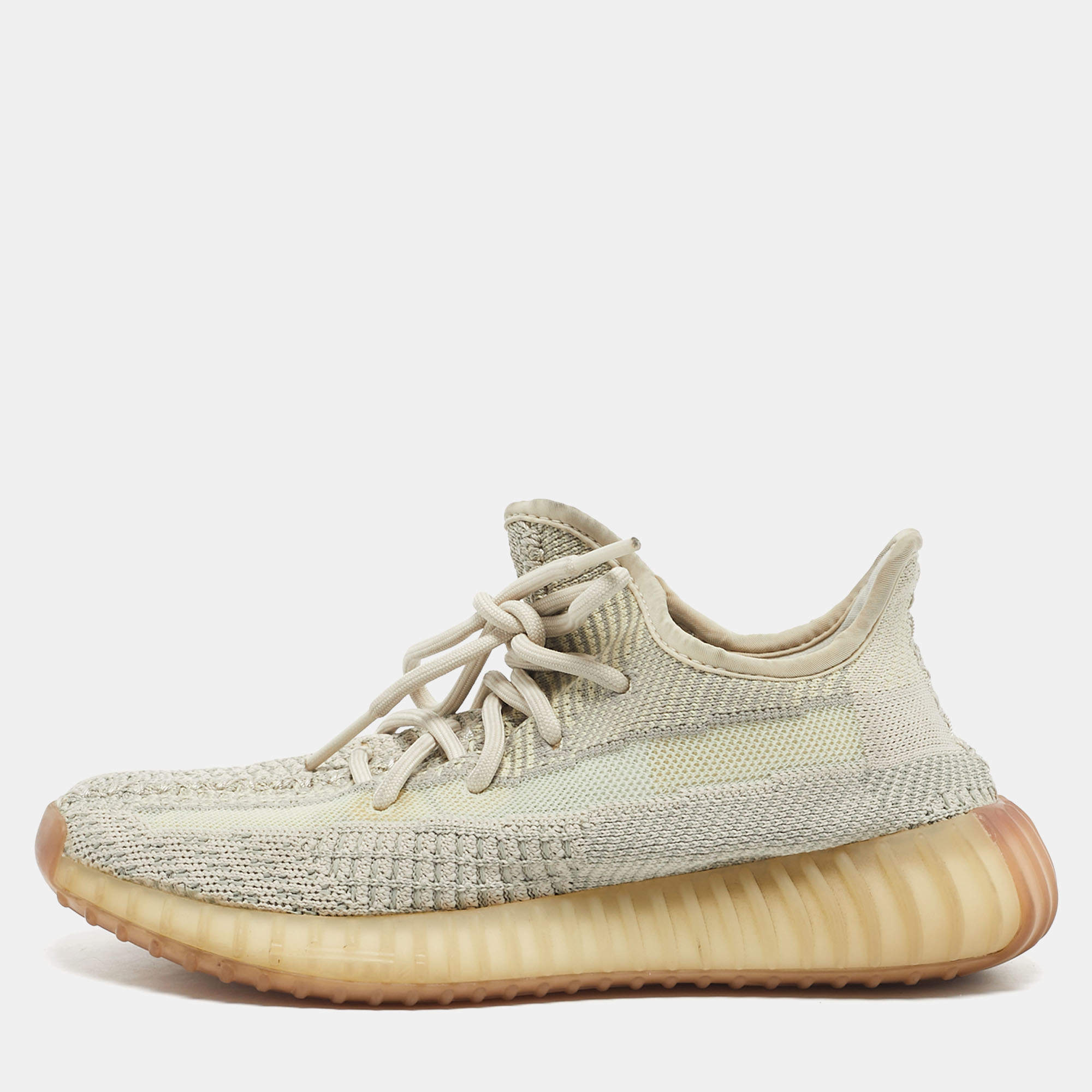 Pre Owned Yeezy x Adidas Pale Green Knit Fabric Boost 350 V2 Citrin (Non-Reflective) Sneakers Size 38 2/3