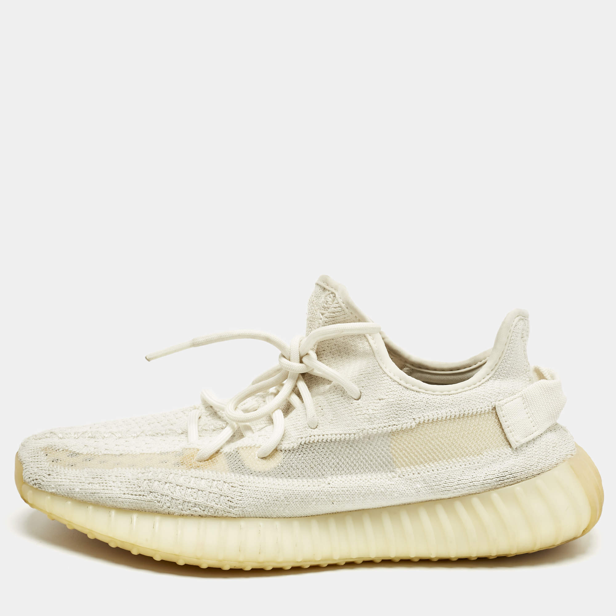 Pre Owned Yeezy x Adidas White Knit Fabric Boost 350 V2 Lace Up Sneakers Size 43.5