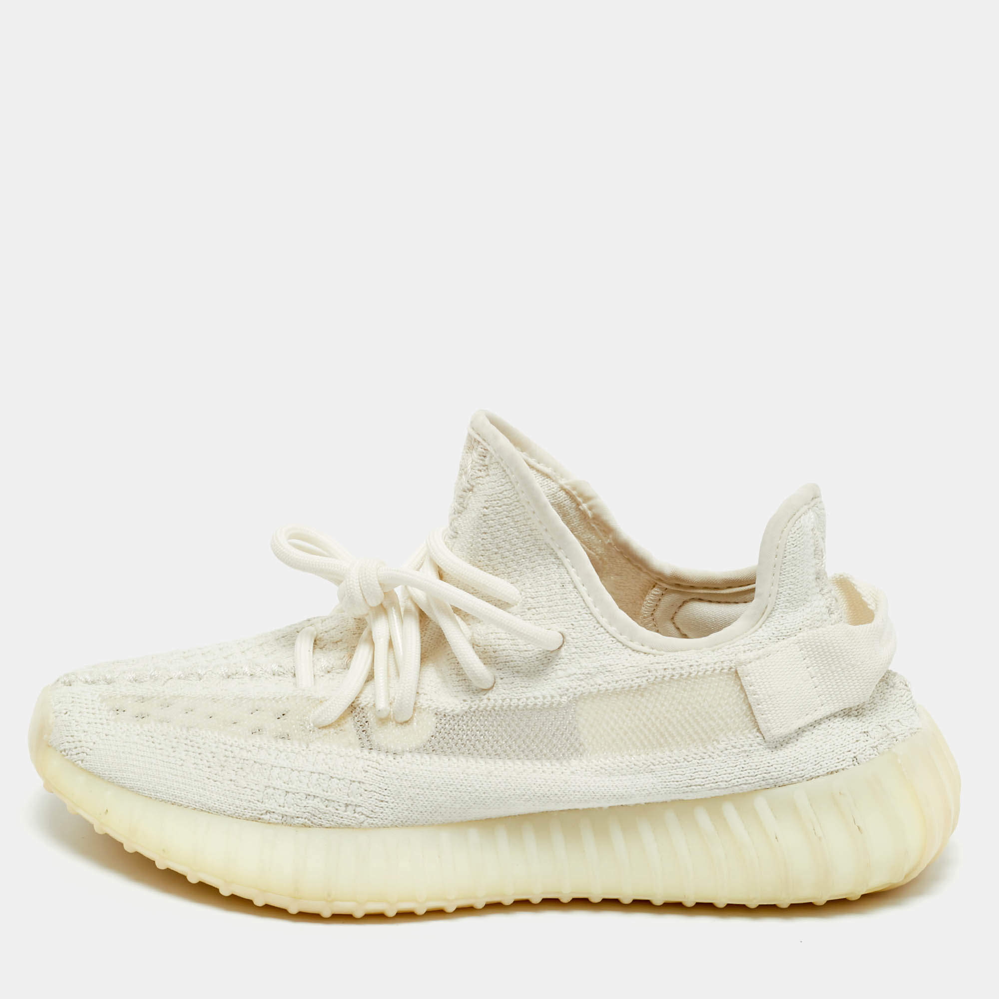 Pre Owned Yeezy x Adidas White Knit Fabric Boost 350 V2 Bone Sneakers Size 38 2/3