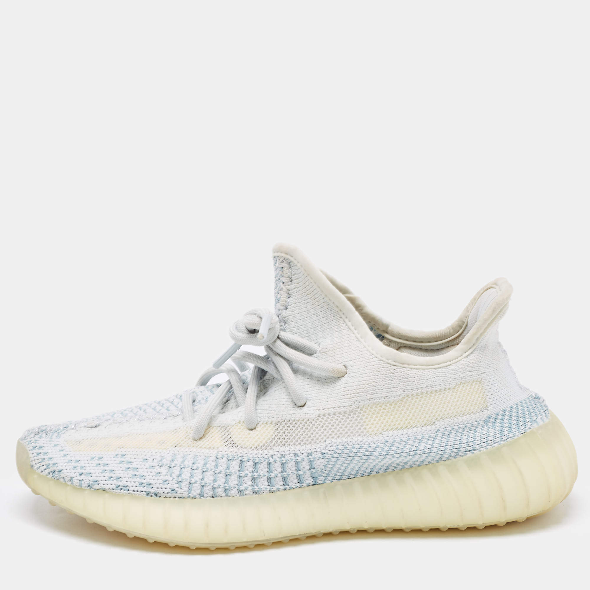 Pre Owned Yeezy x Adidas Blue/White Knit Fabric Boost 350 V2 Cloud White Non-Reflective Sneakers Size 37 1/3