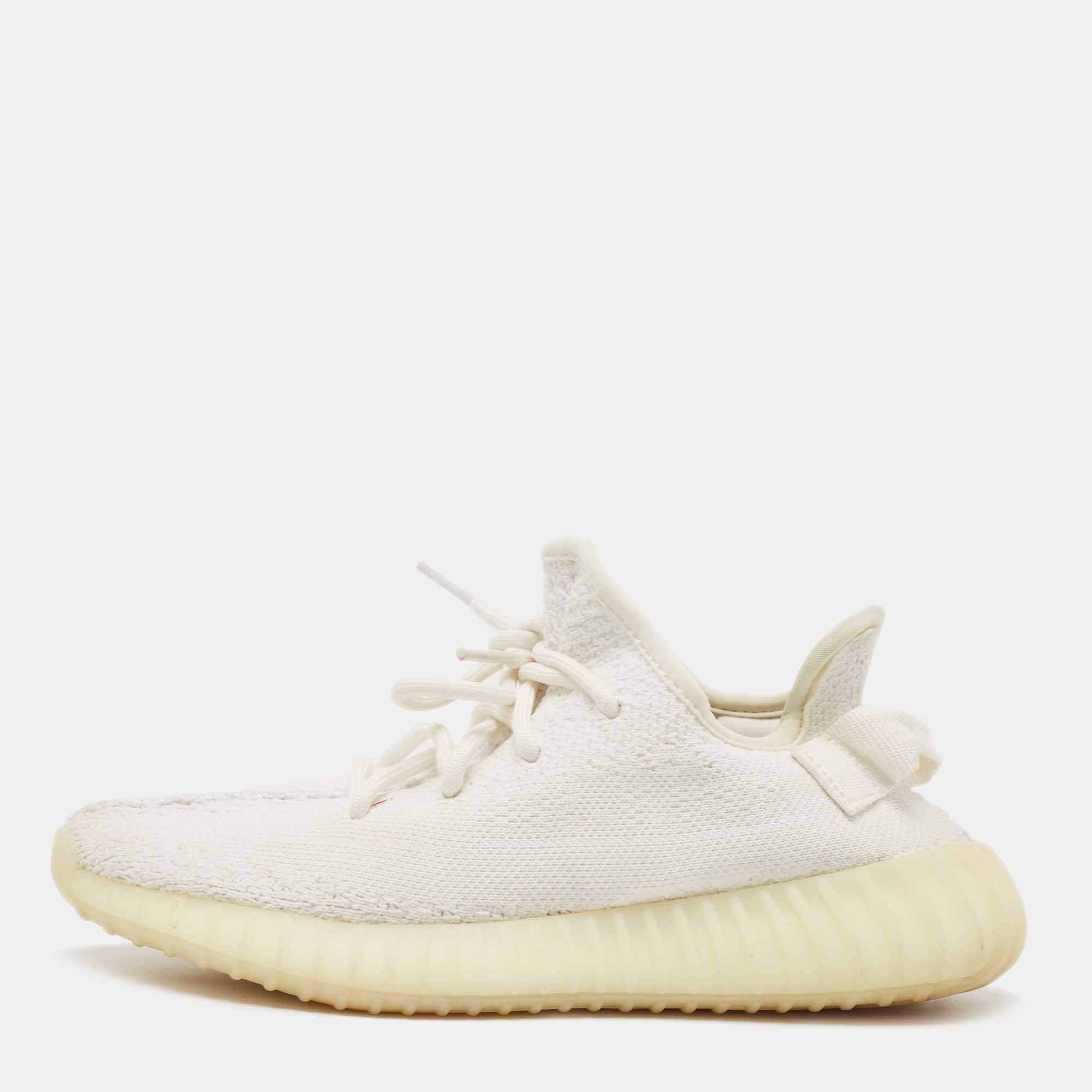 Pre Owned Yeezy x Adidas Cotton Knit Boost 350 V2 Triple White Sneakers Size FR 37 1/3