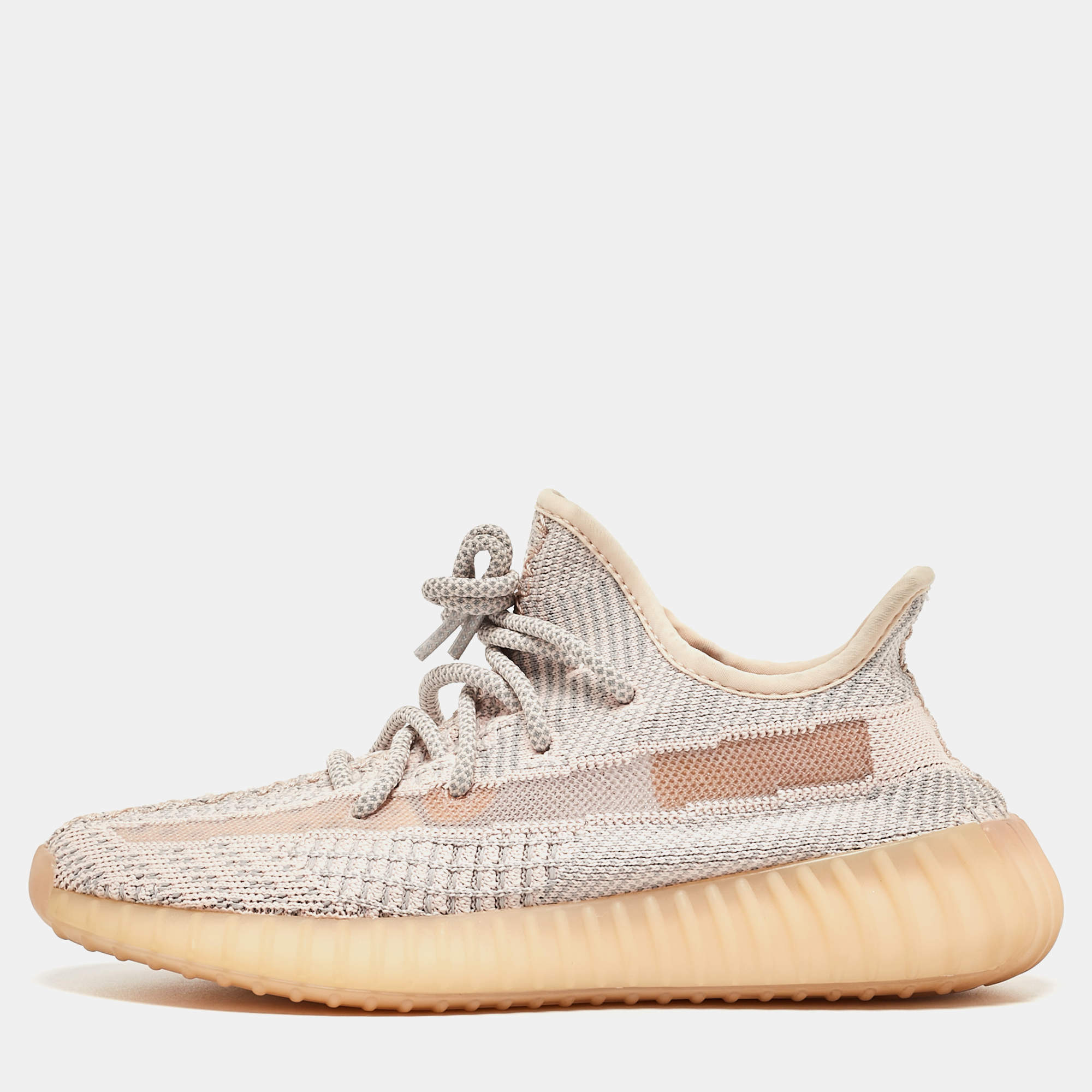 Pre Owned Yeezy x Adidas Grey/Pink Knit Fabric Boost 350 V2 Synth Sneakers Size 38