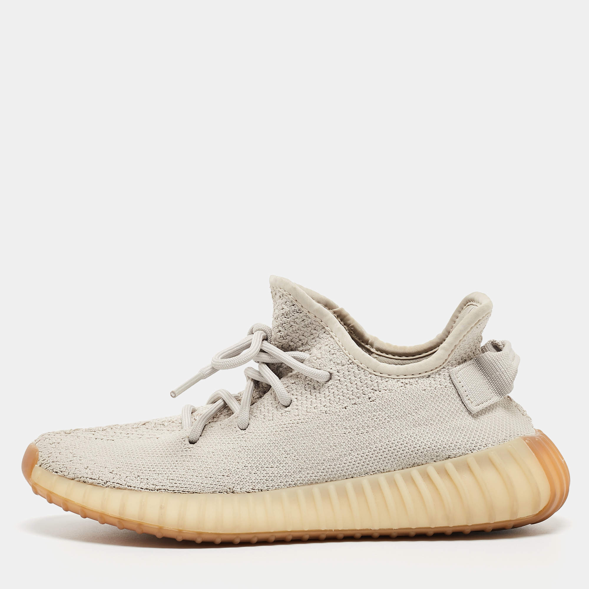 Pre Owned Yeezy x Adidas Grey Knit Fabric Boost 350 V2 Sesame Sneakers Size 38