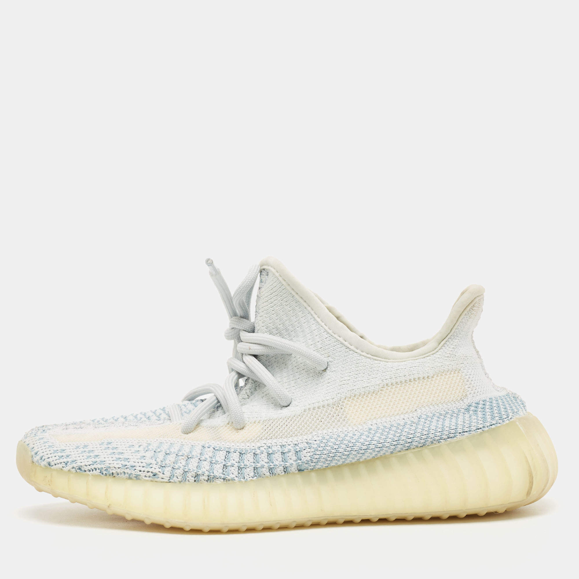 Pre Owned Yeezy x Adidas Blue/White Knit Fabric Boost 350 V2 Cloud-White Sneakers Size 36