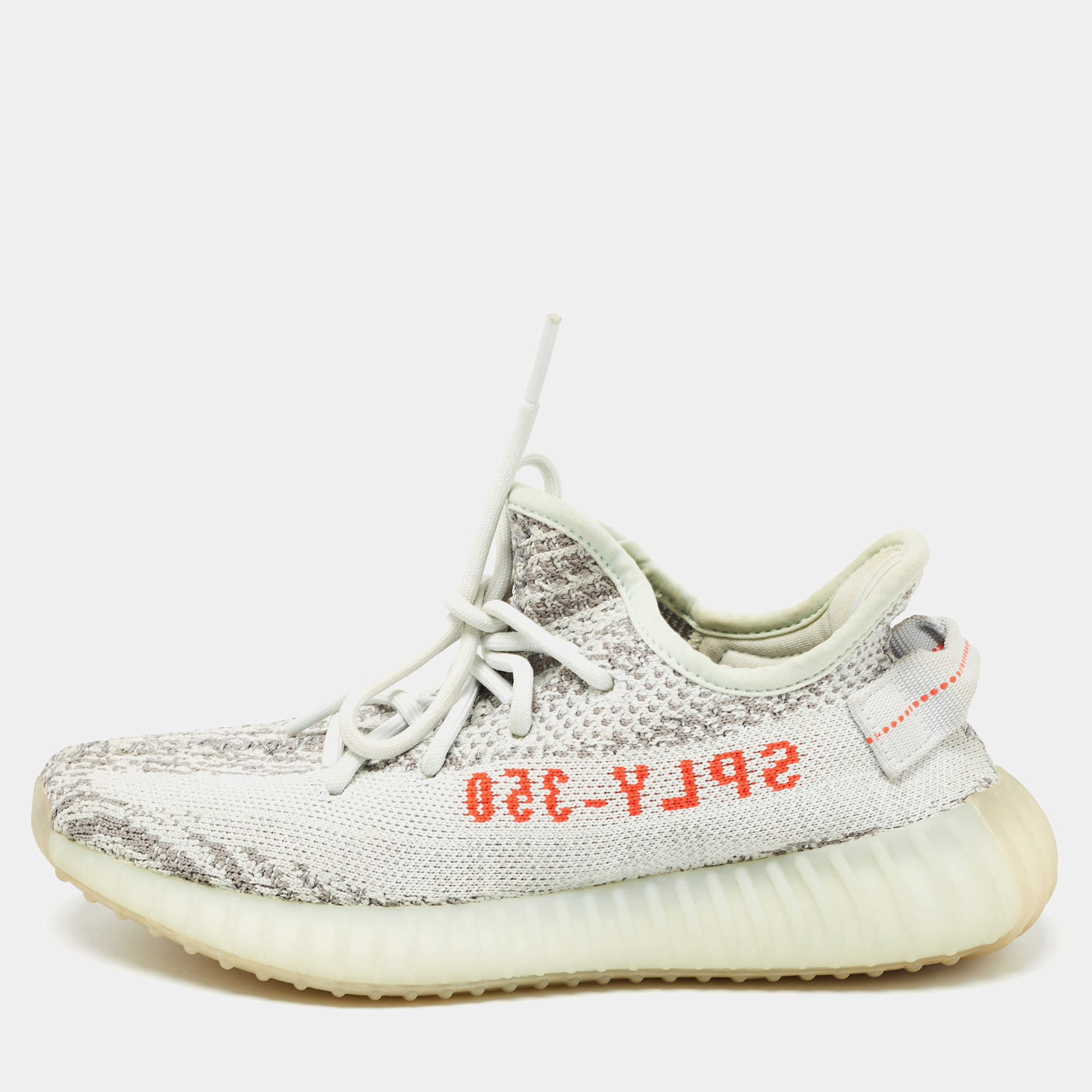 Pre Owned Yeezy x Adidas Grey/Blue Knit Fabric Boost 350 V2 Blue Tint Sneakers Size 37 1/3