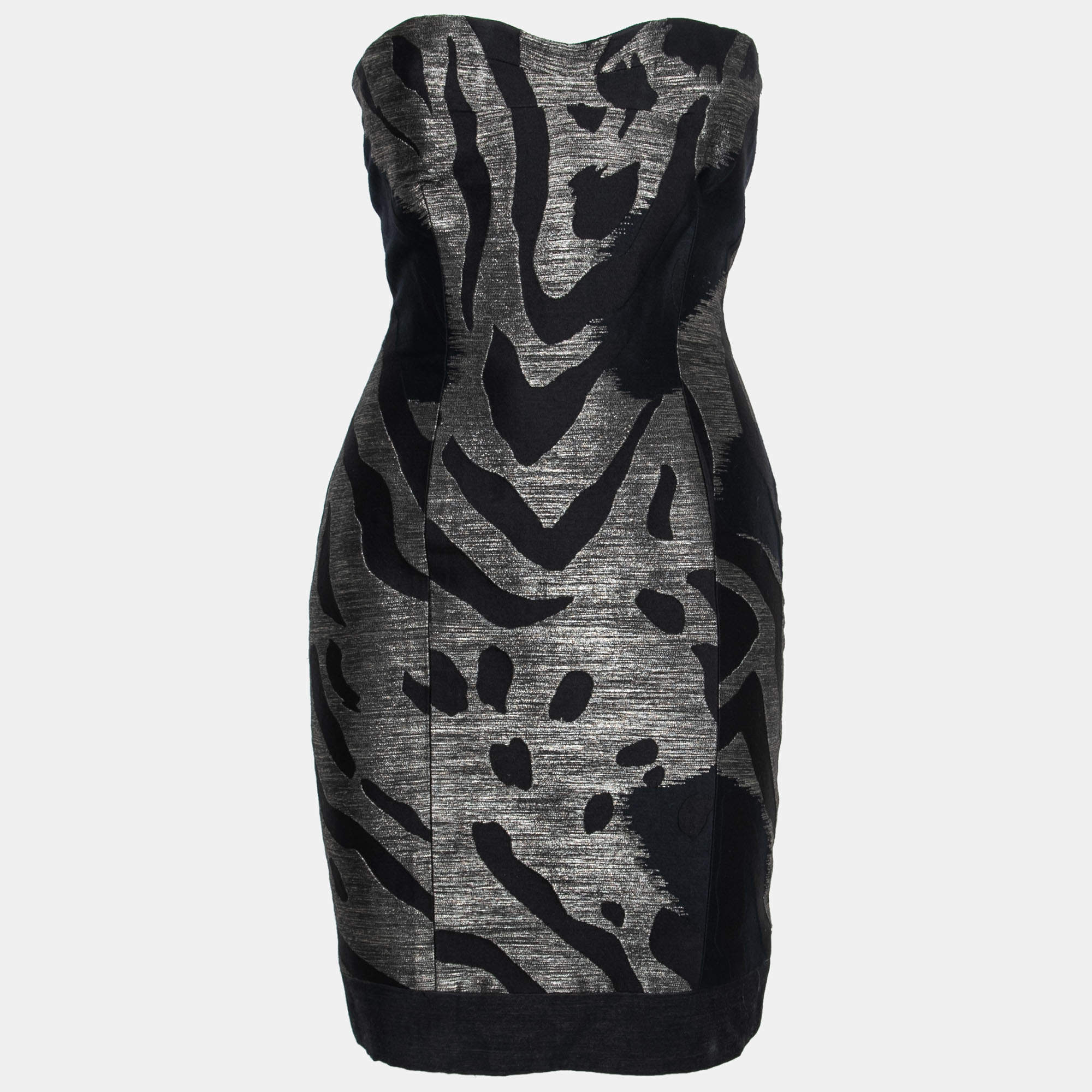 Yigal Azrouel Black and Bronze Wool Jacquard Strapless Dress S