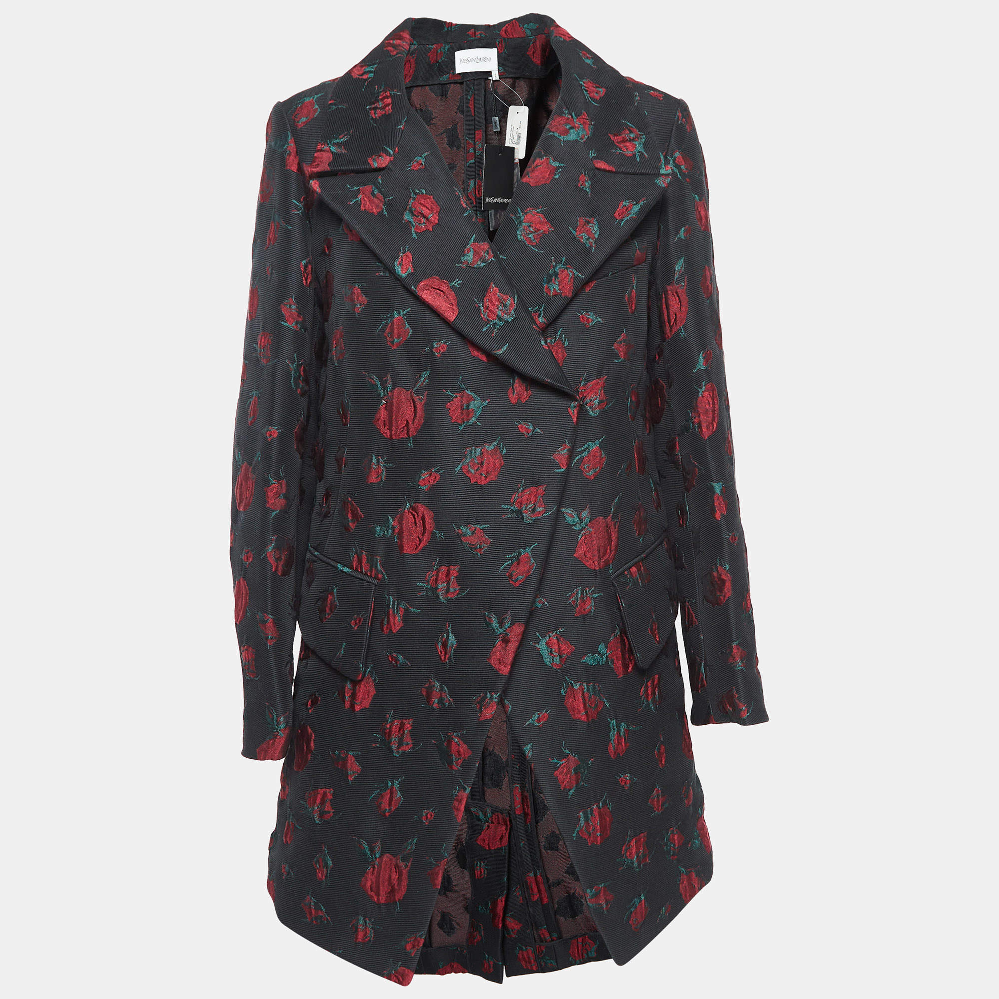 Pre Owned Saint Laurent Black Rose Motif Cotton Jacquard Coat S